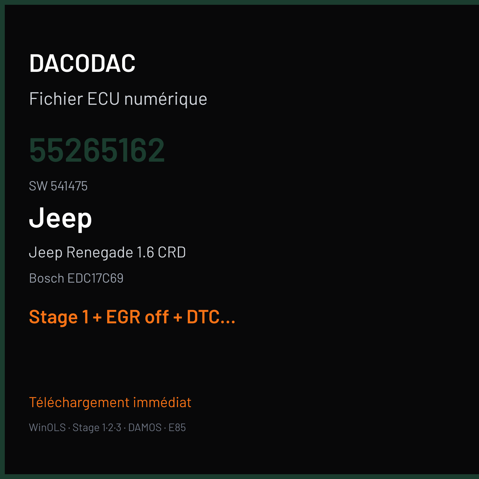 Jeep Renegade 1.6 CRD (2015) — Bosch EDC17C69 — 55265162 · 541475 — Stage 1 + EGR off + DTC off