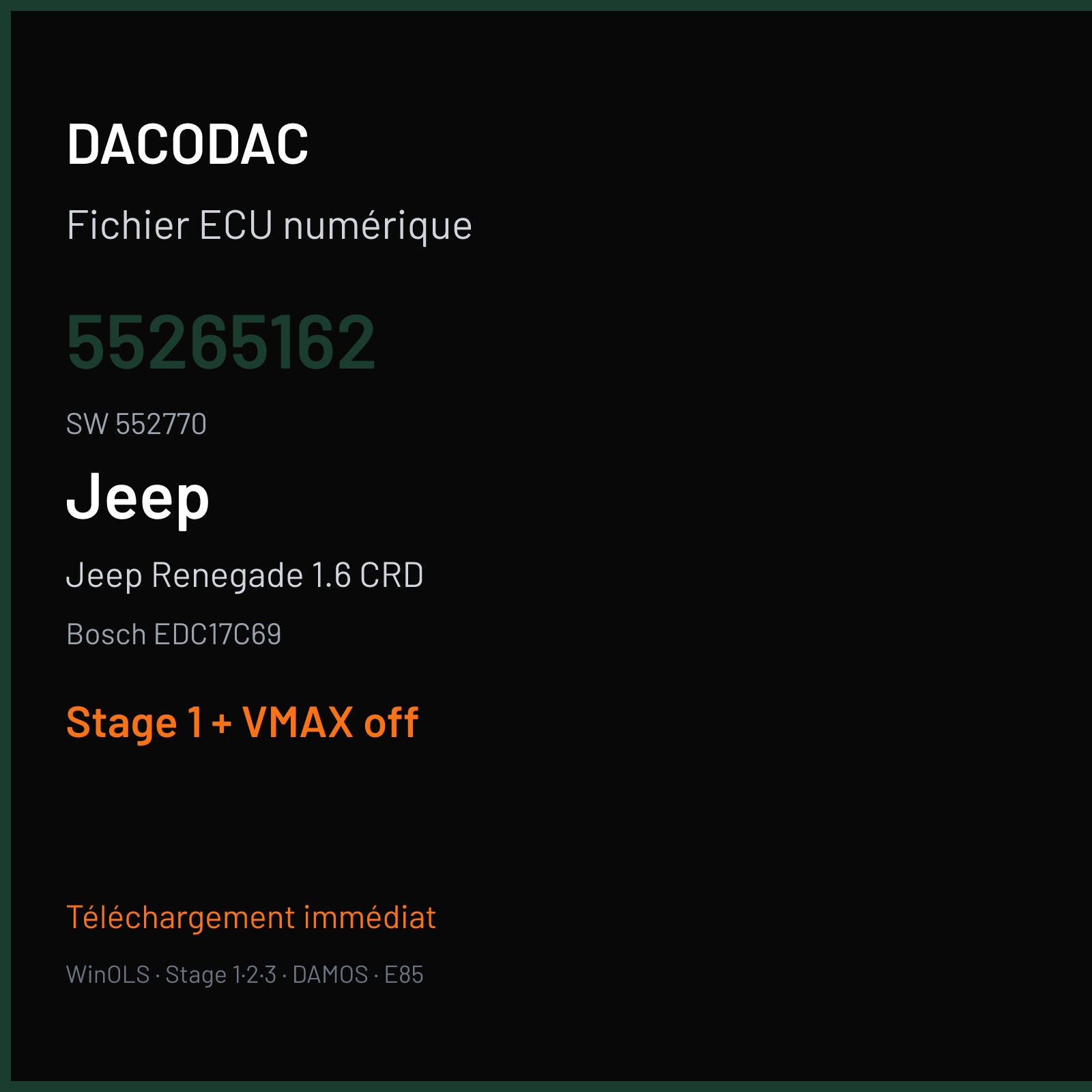 Jeep Renegade 1.6 CRD (2014) — Bosch EDC17C69 — 55265162 · 552770 — Stage 1 + VMAX off