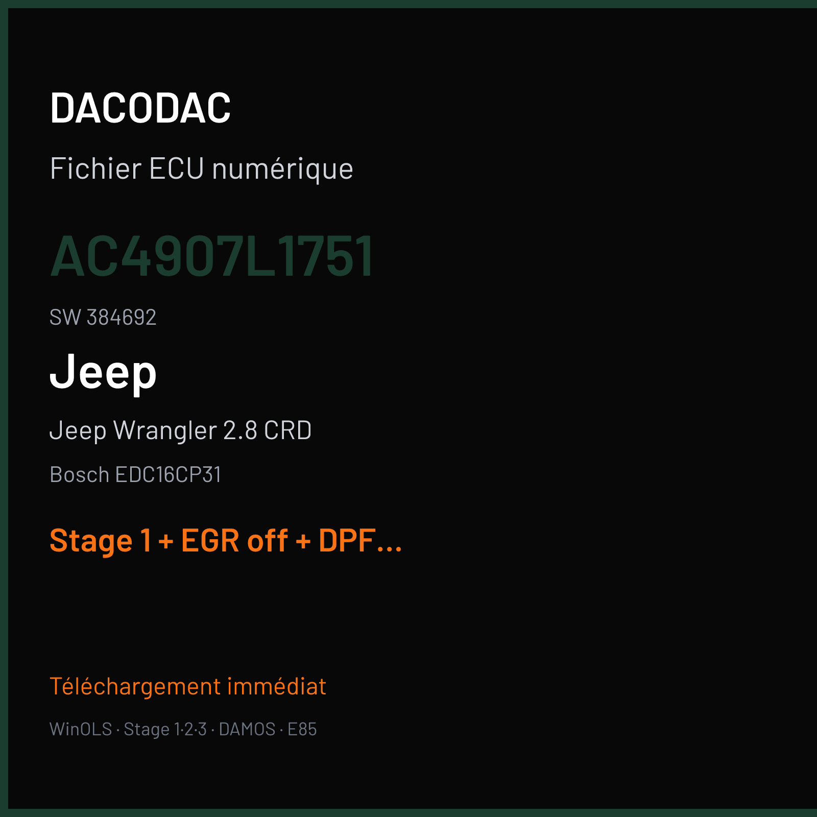 Jeep Wrangler 2.8 CRD (2007) — Bosch EDC16CP31 — AC4907L1751 · 384692 — Stage 1 + EGR off + DPF off