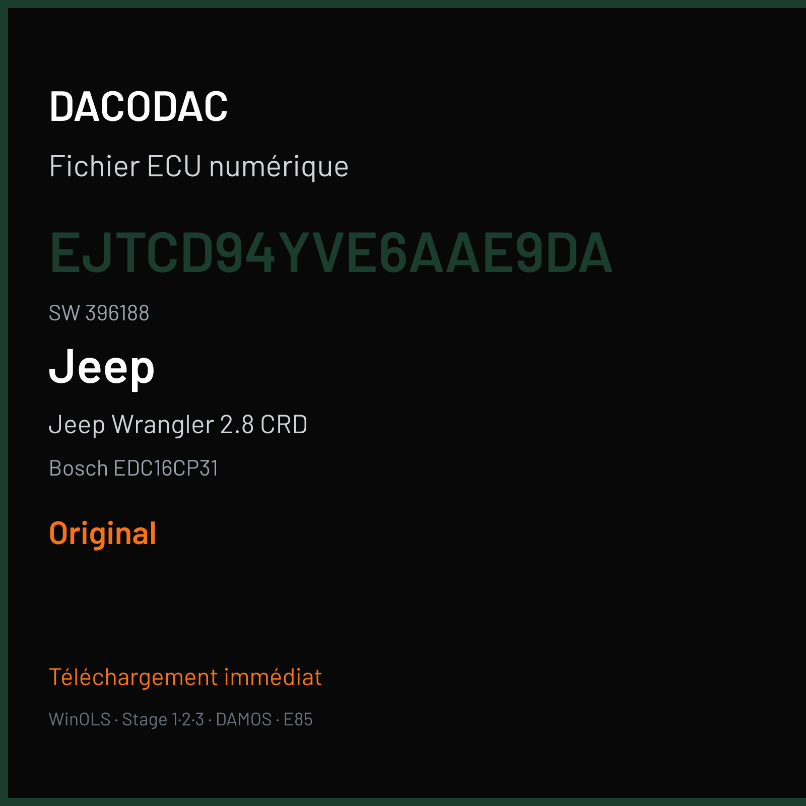 Jeep Wrangler 2.8 CRD (2009) — Bosch EDC16CP31 — EJTCD94YVE6AAE9DA · 396188 — Original