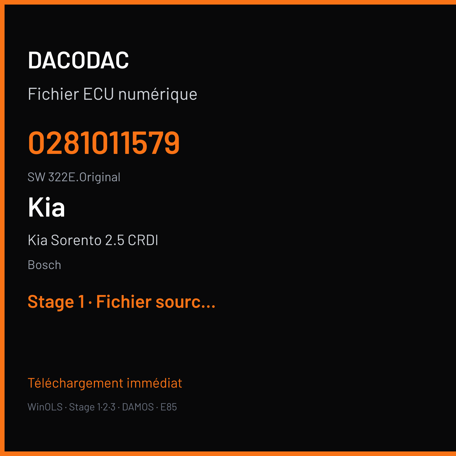 Kia Sorento 2.5 CRDI 140 ch (2004) — Bosch — 0281011579 · 322E.Original · 371454 — Stage 1