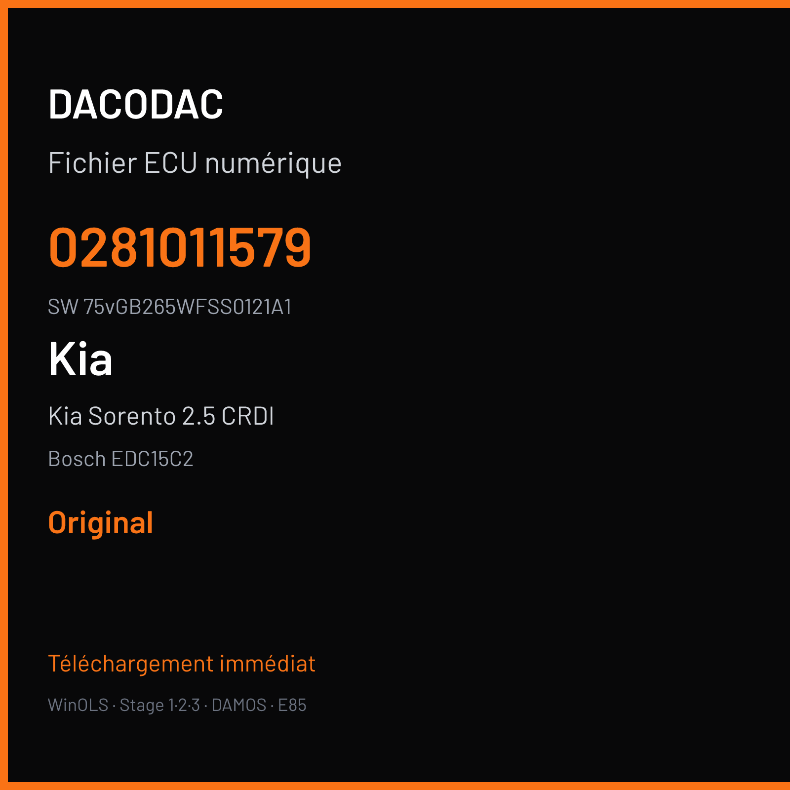 Kia Sorento 2.5 CRDI 140 ch (2005) — Bosch EDC15C2 — 0281011579 · 75vGB265WFSS0121A1 · 371454 — Original