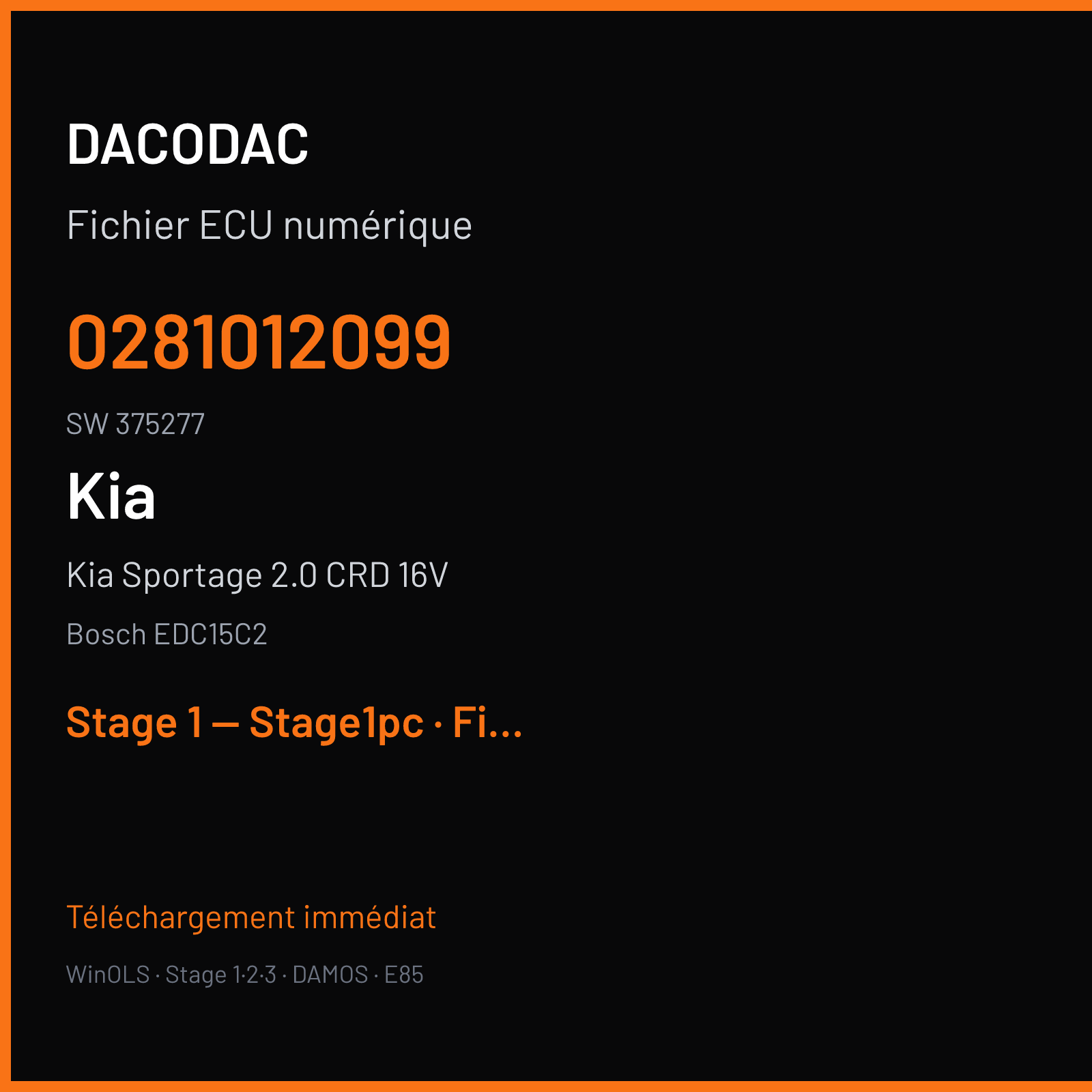 Kia Sportage 2.0 CRD 16V (2005) — Bosch EDC15C2 — 0281012099 · 375277 — Stage 1 — Stage1pc