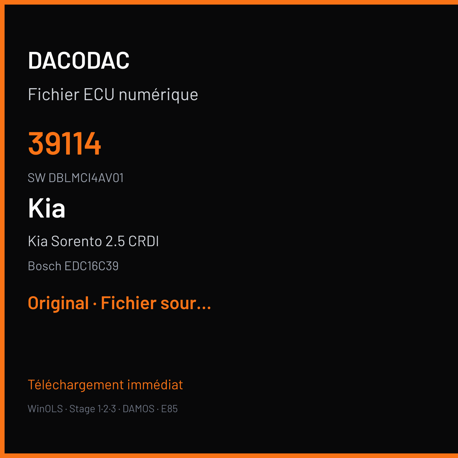 Kia Sorento 2.5 CRDI 170 ch (2008) — Bosch EDC16C39 — 39114 · DBLMCI4AV01 · 388052 — Original