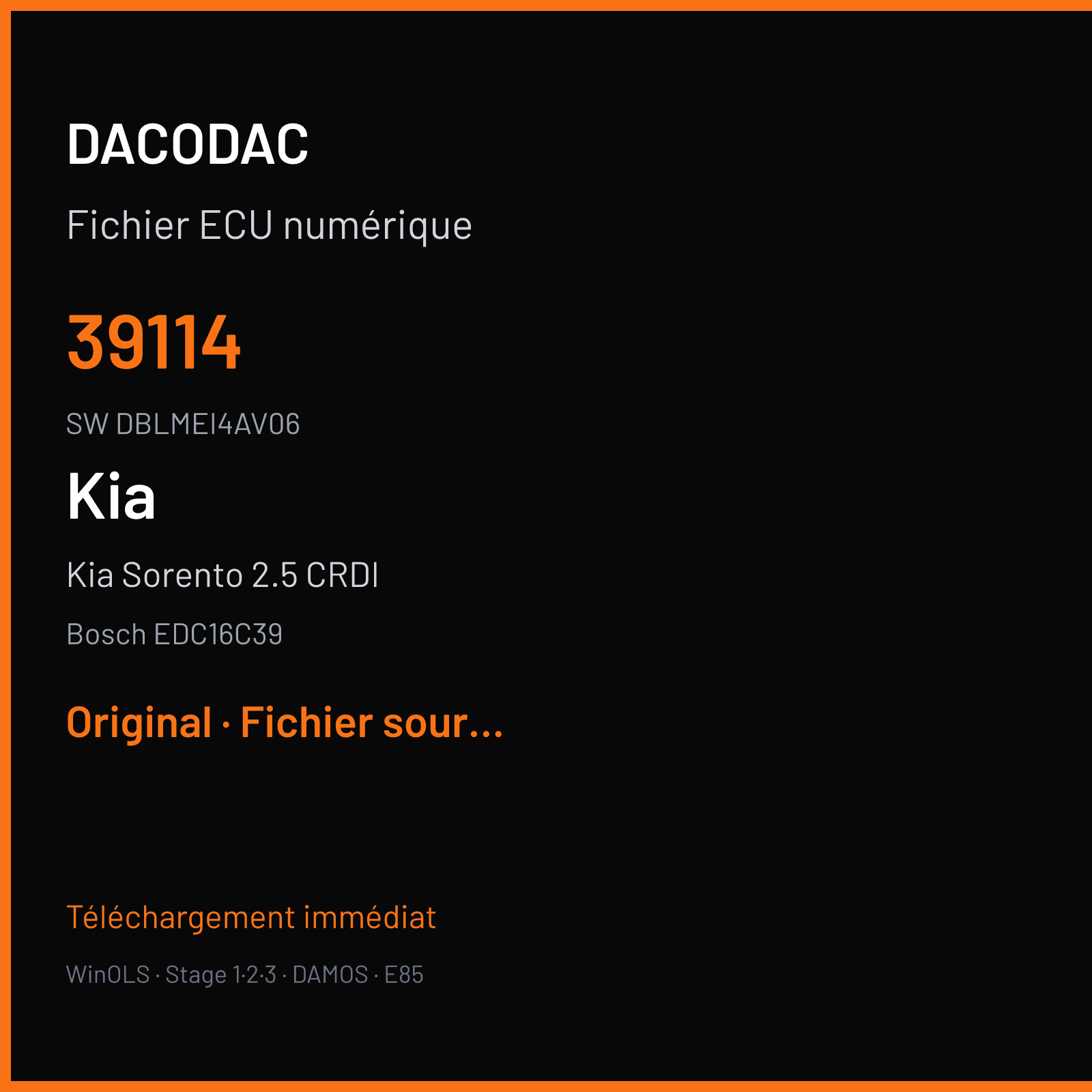 Kia Sorento 2.5 CRDI 170 ch (2009) — Bosch EDC16C39 — 39114 · DBLMEI4AV06 · 506271 — Original