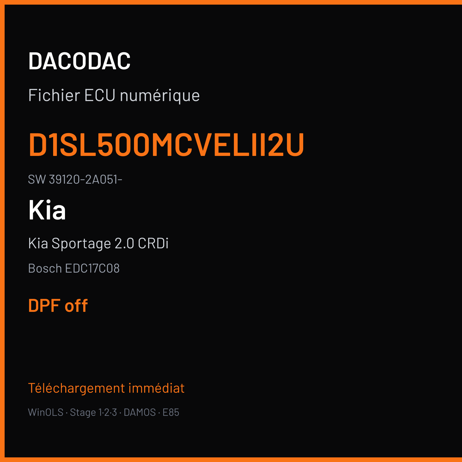 Kia Sportage 2.0 CRDi 116 ch (2011) — Bosch EDC17C08 — D1SL500MCVELII2U · 39120-2A051- · 1037520535 P610D10I — DPF off