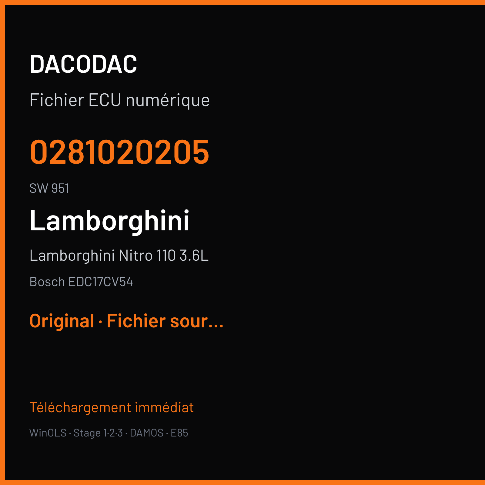 Lamborghini Nitro 110 3.6L 109 ch (2011) — Bosch EDC17CV54 — 0281020205 · 951 · 280 640 511203 — Original