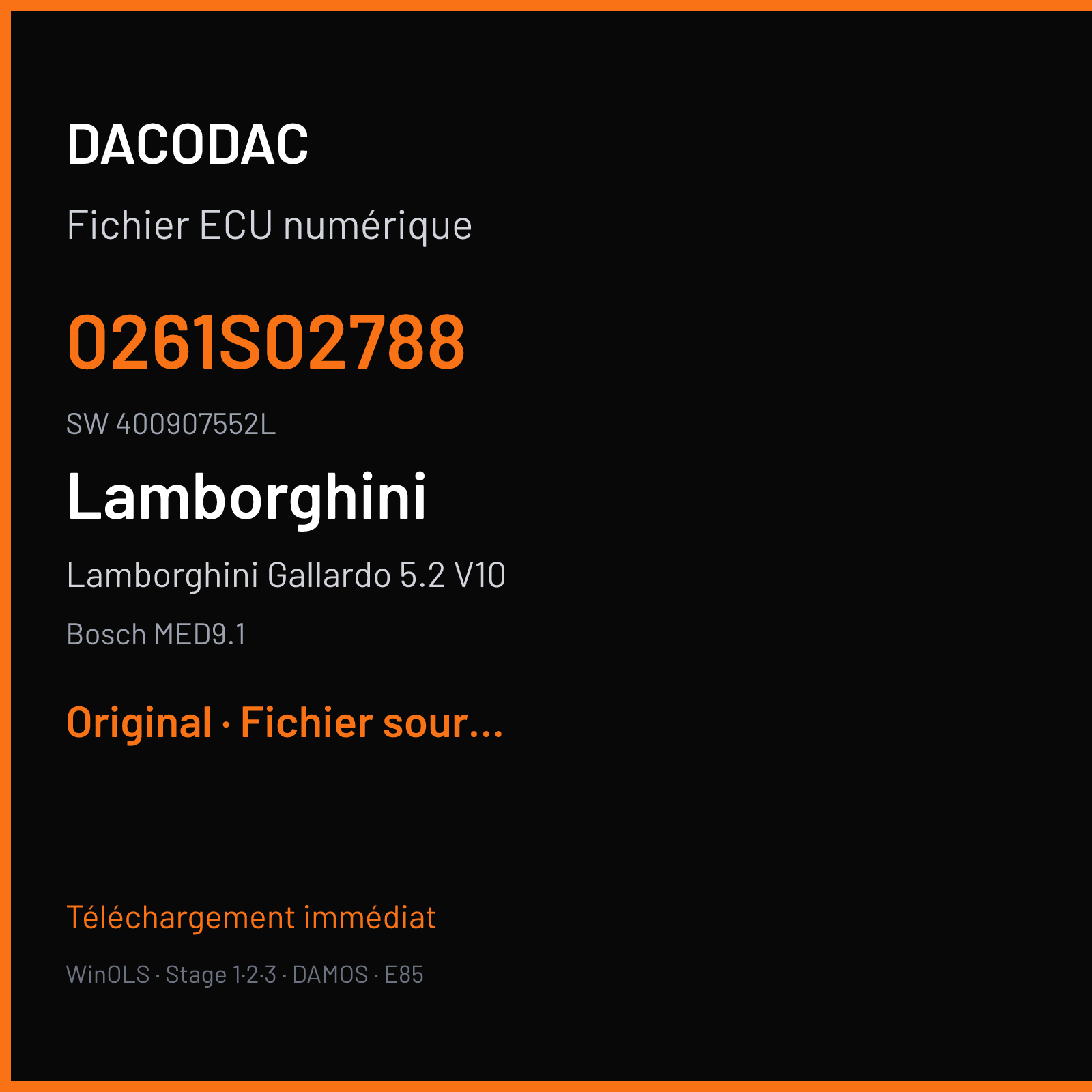 Lamborghini Gallardo 5.2 V10 570 ch (2009) — Bosch MED9.1 — 0261S02788 · 400907552L · 524541 — Original