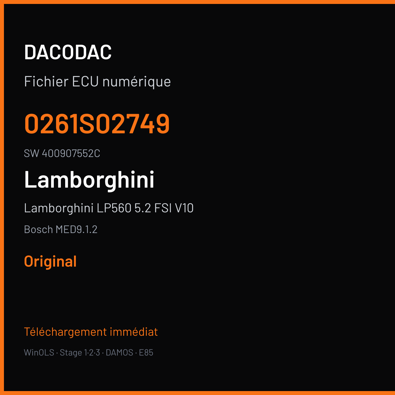 Lamborghini LP560 5.2 FSI V10 560 ch (2009) — Bosch MED9.1.2 — 0261S02749 · 400907552C · 502022 — Original