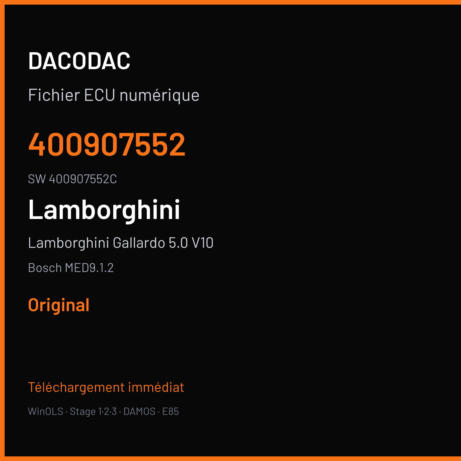 Lamborghini Gallardo 5.0 V10 560 ch (2009) — Bosch MED9.1.2 — 400907552 · 400907552C · 502022 — Original