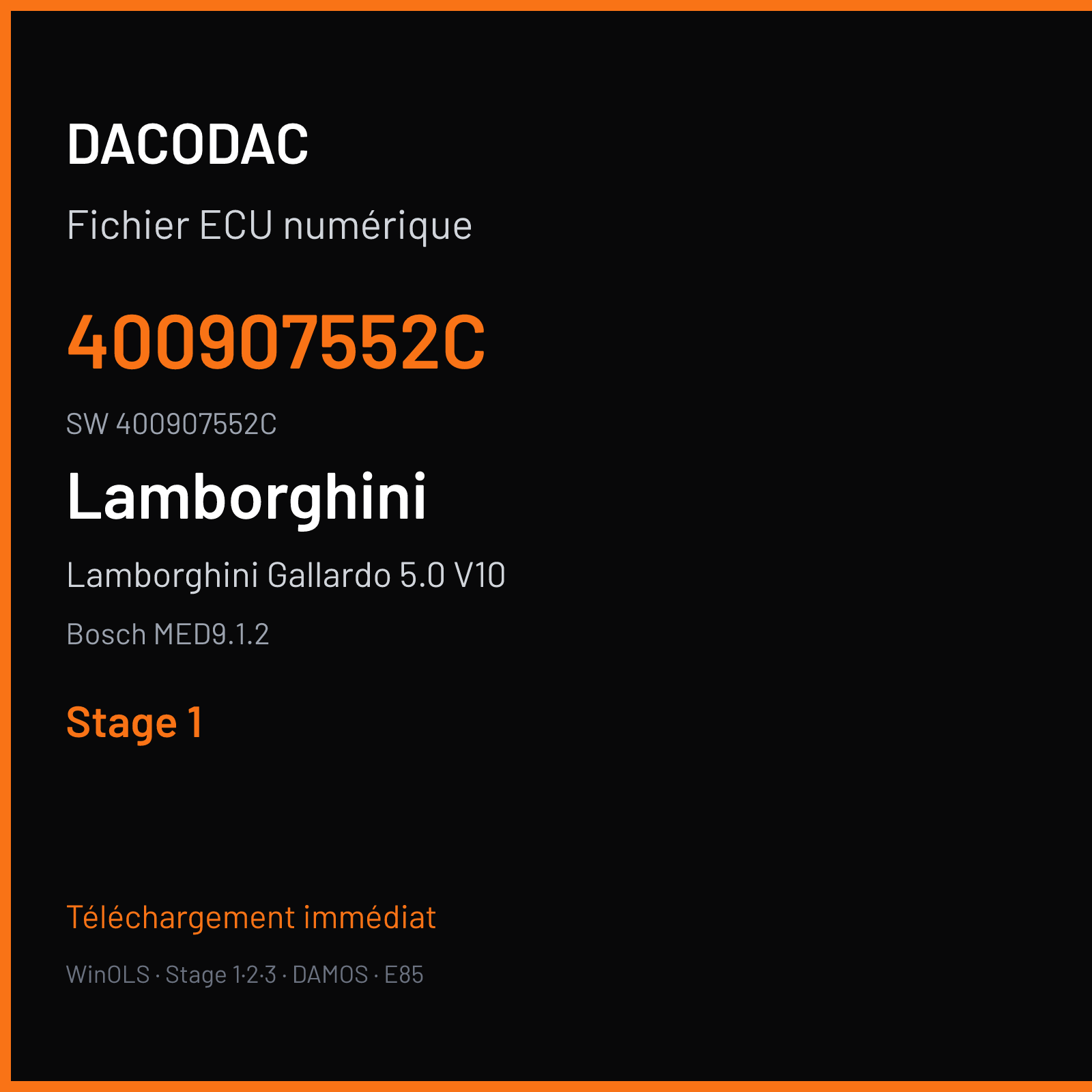 Lamborghini Gallardo 5.0 V10 560 ch (2009) — Bosch MED9.1.2 — 400907552C · 400907552C · 502022 — Stage 1