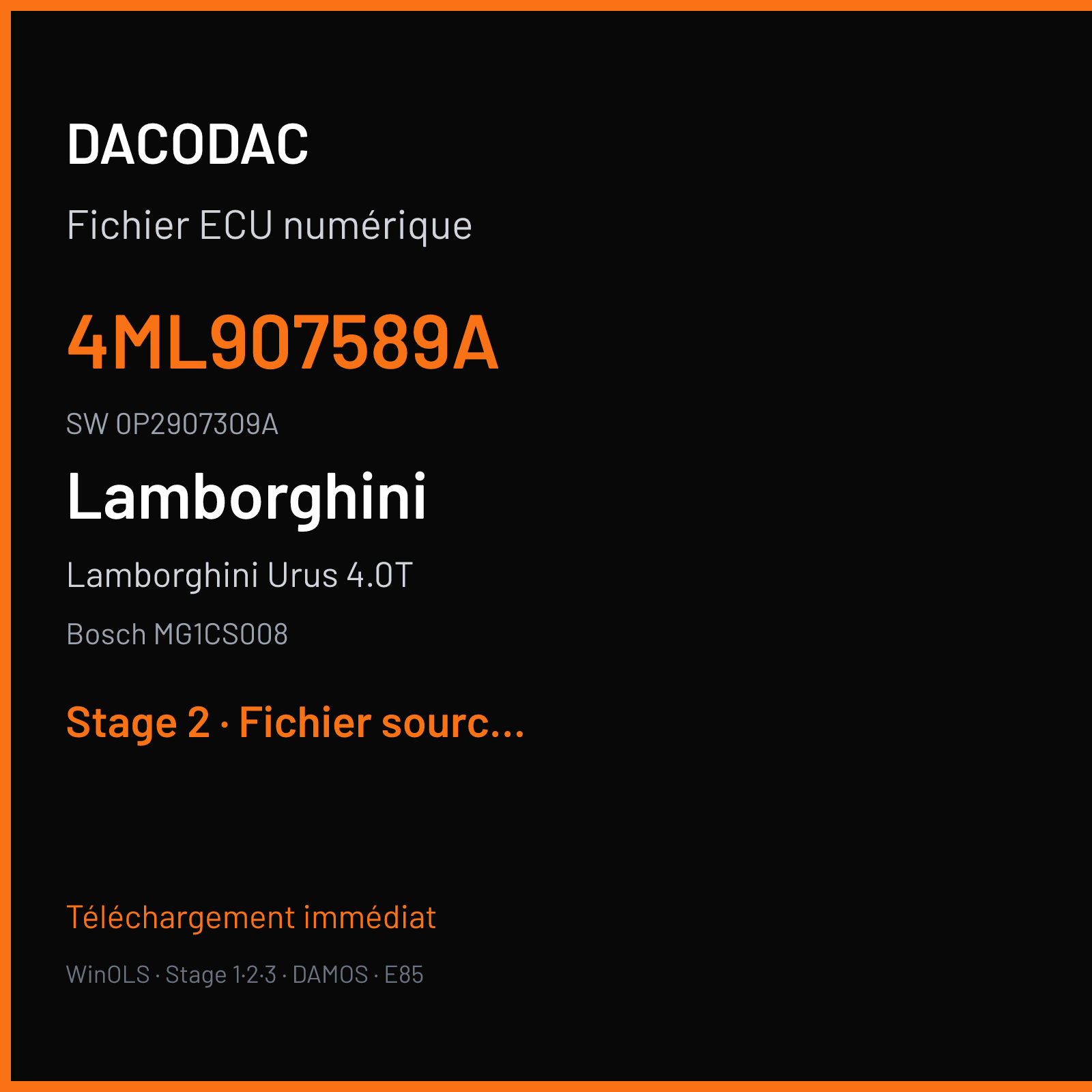 Lamborghini Urus 4.0T 650 ch (2019) — Bosch MG1CS008 — 4ML907589A · 0P2907309A · 038802 — Stage 2