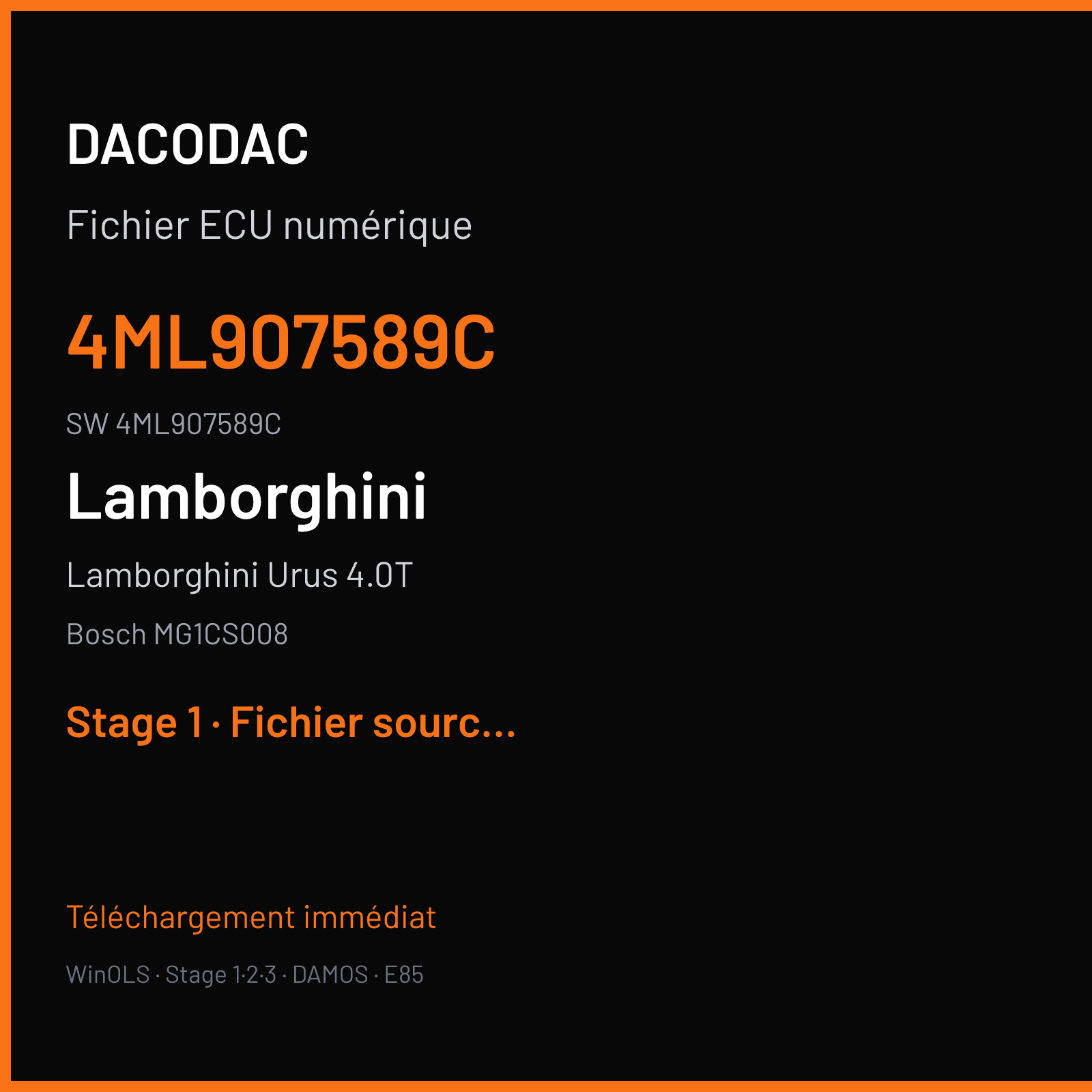 Lamborghini Urus 4.0T 650 ch (2019) — Bosch MG1CS008 — 4ML907589C · 4ML907589C · 041590 — Stage 1