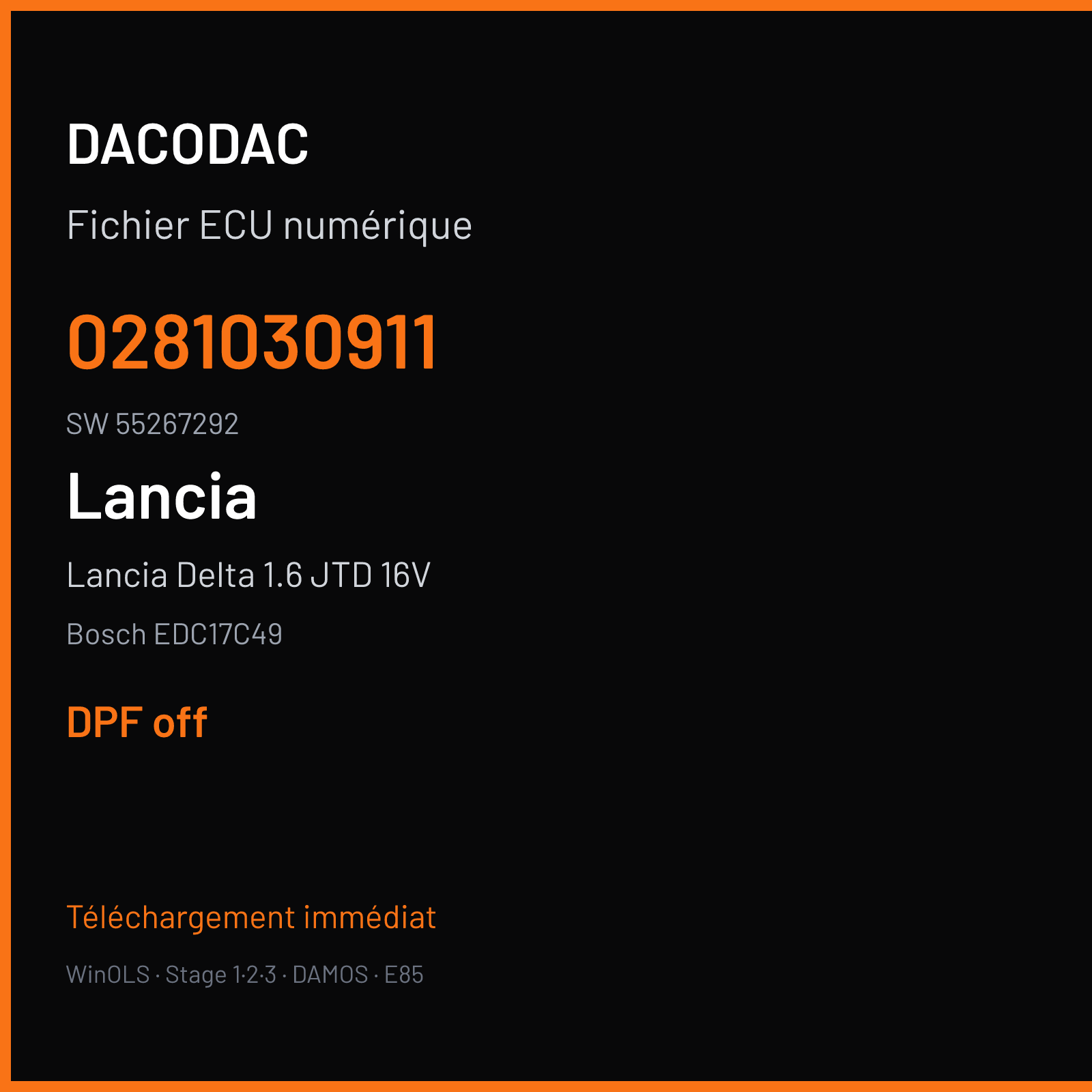 Lancia Delta 1.6 JTD 16V 105 ch (2014) — Bosch EDC17C49 — 0281030911 · 55267292 · 547129 — DPF off