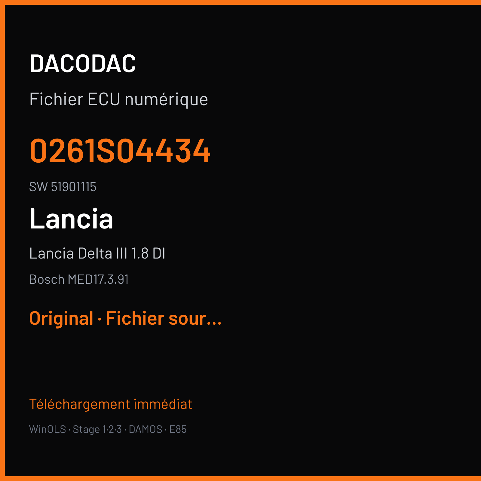 Lancia Delta III 1.8 DI 200 ch (2009) — Bosch MED17.3.91 — 0261S04434 · 51901115 · 1037514539 — Original