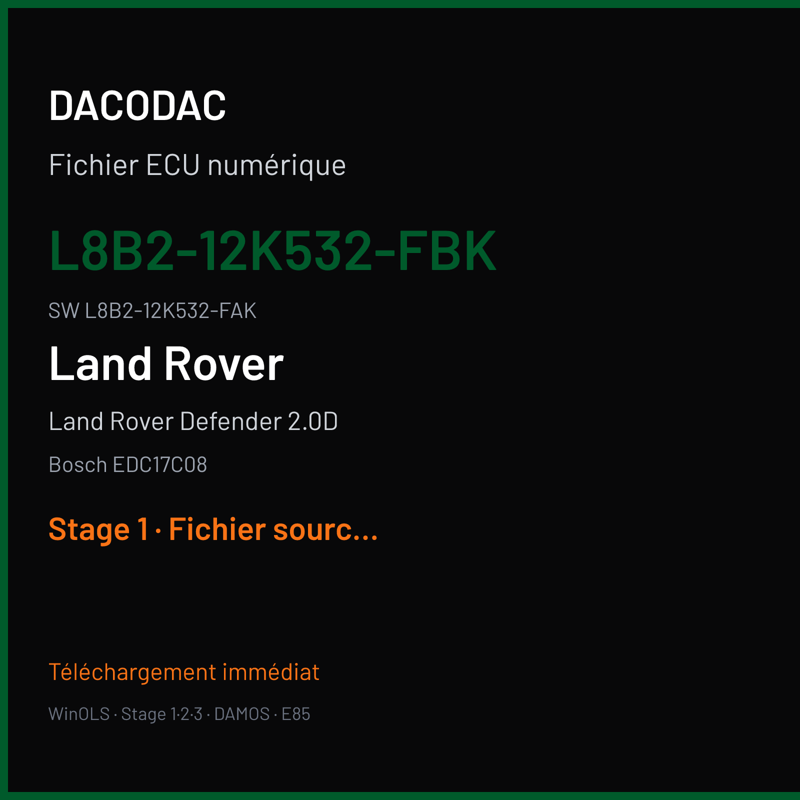 Land Rover Defender 2.0D 200 ch (2020) — Bosch EDC17C08 — L8B2-12K532-FBK · L8B2-12K532-FAK · 064274 — Stage 1