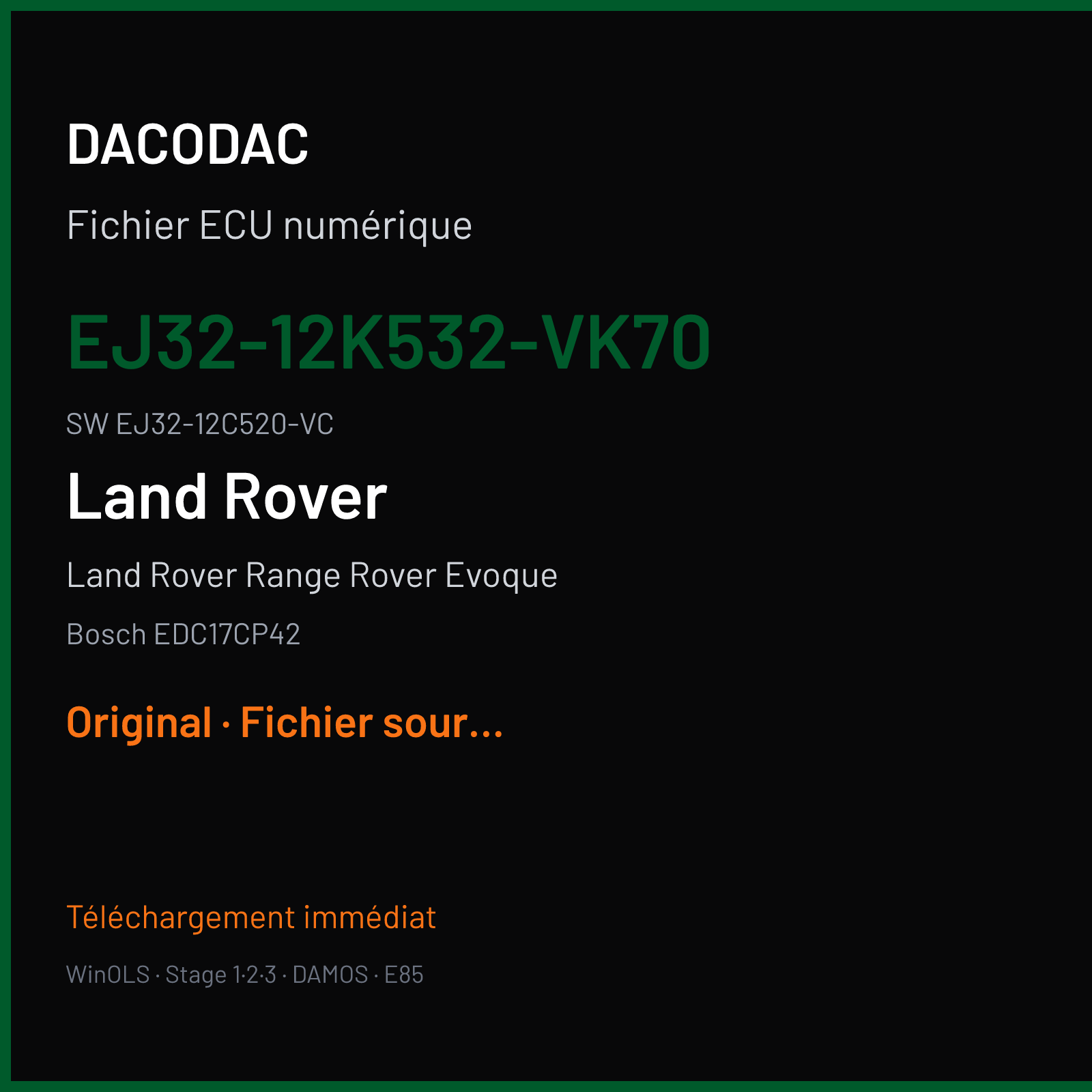 Land Rover Range Rover Evoque 150 ch (2013) — Bosch EDC17CP42 — EJ32-12K532-VK70 · EJ32-12C520-VC · 534642 — Original