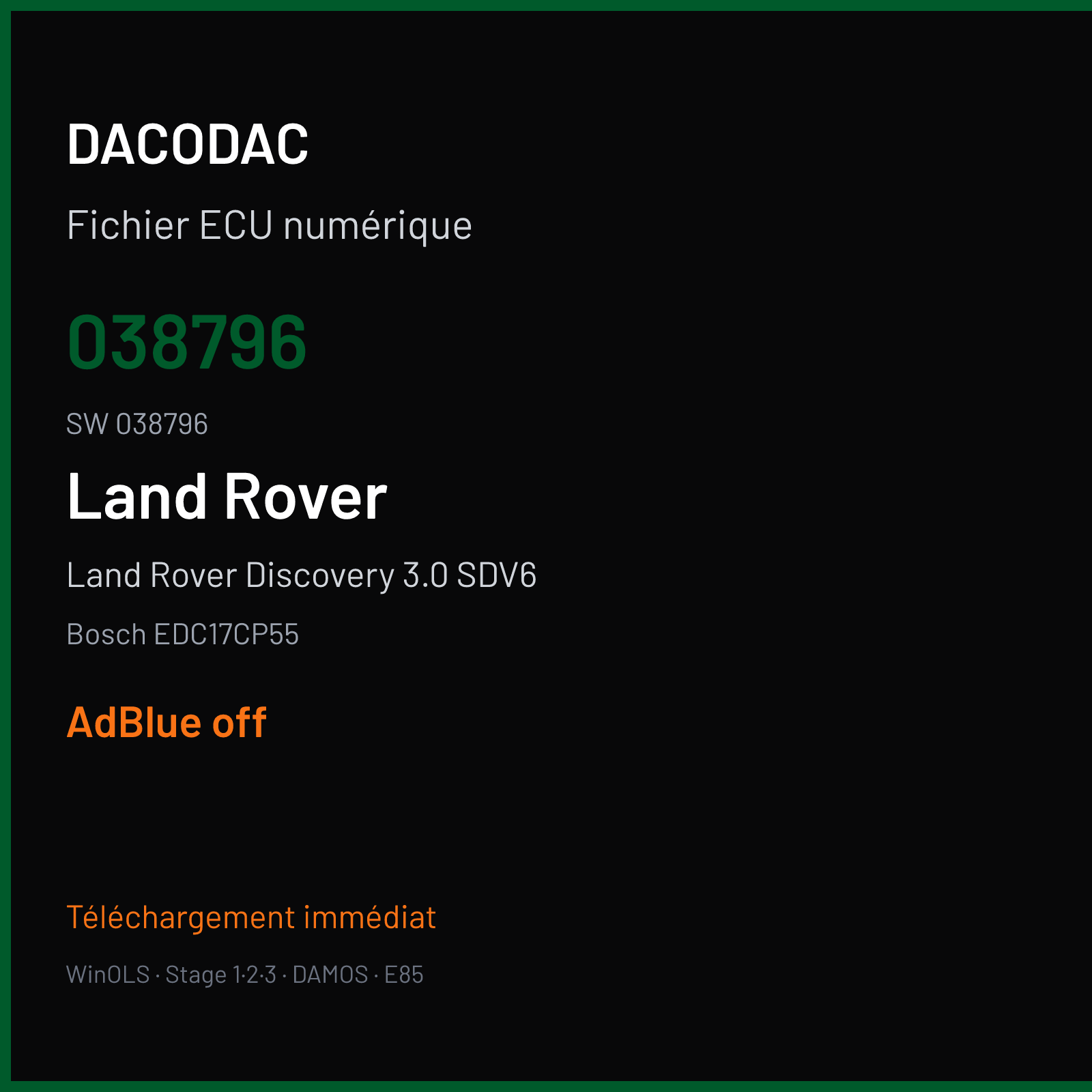 Land Rover Discovery 3.0 SDV6 306 ch (2015) — Bosch EDC17CP55 — 038796 · 038796 — ADBLUE off
