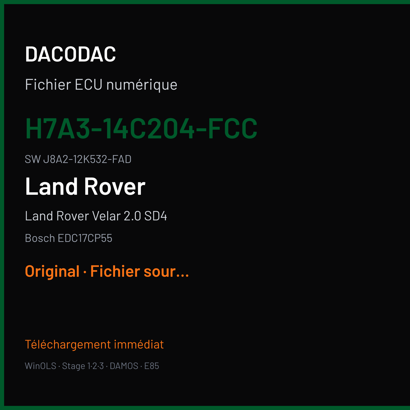 Land Rover Velar 2.0 SD4 240 ch (2019) — Bosch EDC17CP55 — H7A3-14C204-FCC · J8A2-12K532-FAD · 028207 — Original