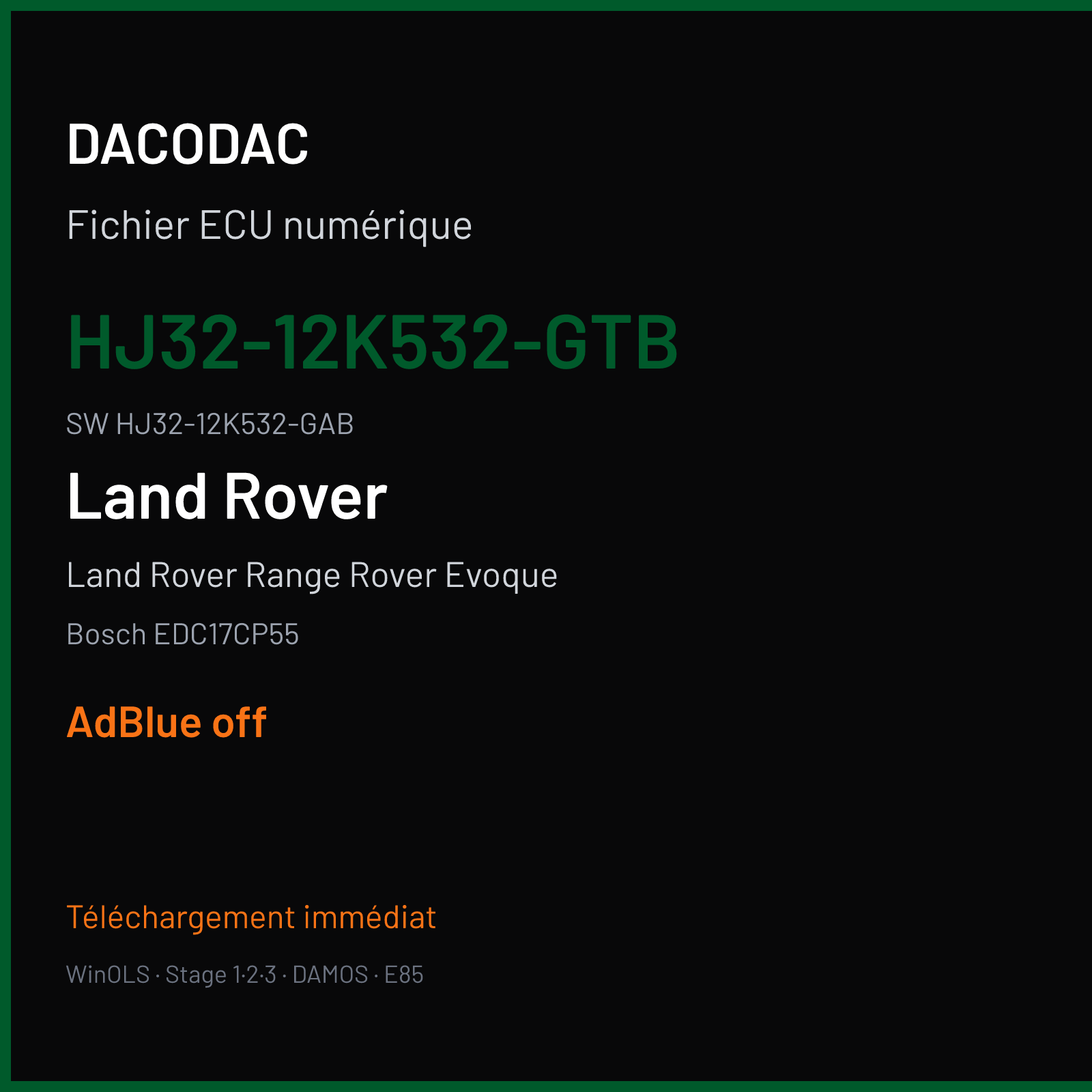 Land Rover Range Rover Evoque 150 ch (2017) — Bosch EDC17CP55 — HJ32-12K532-GTB · HJ32-12K532-GAB · 013724 — ADBLUE off