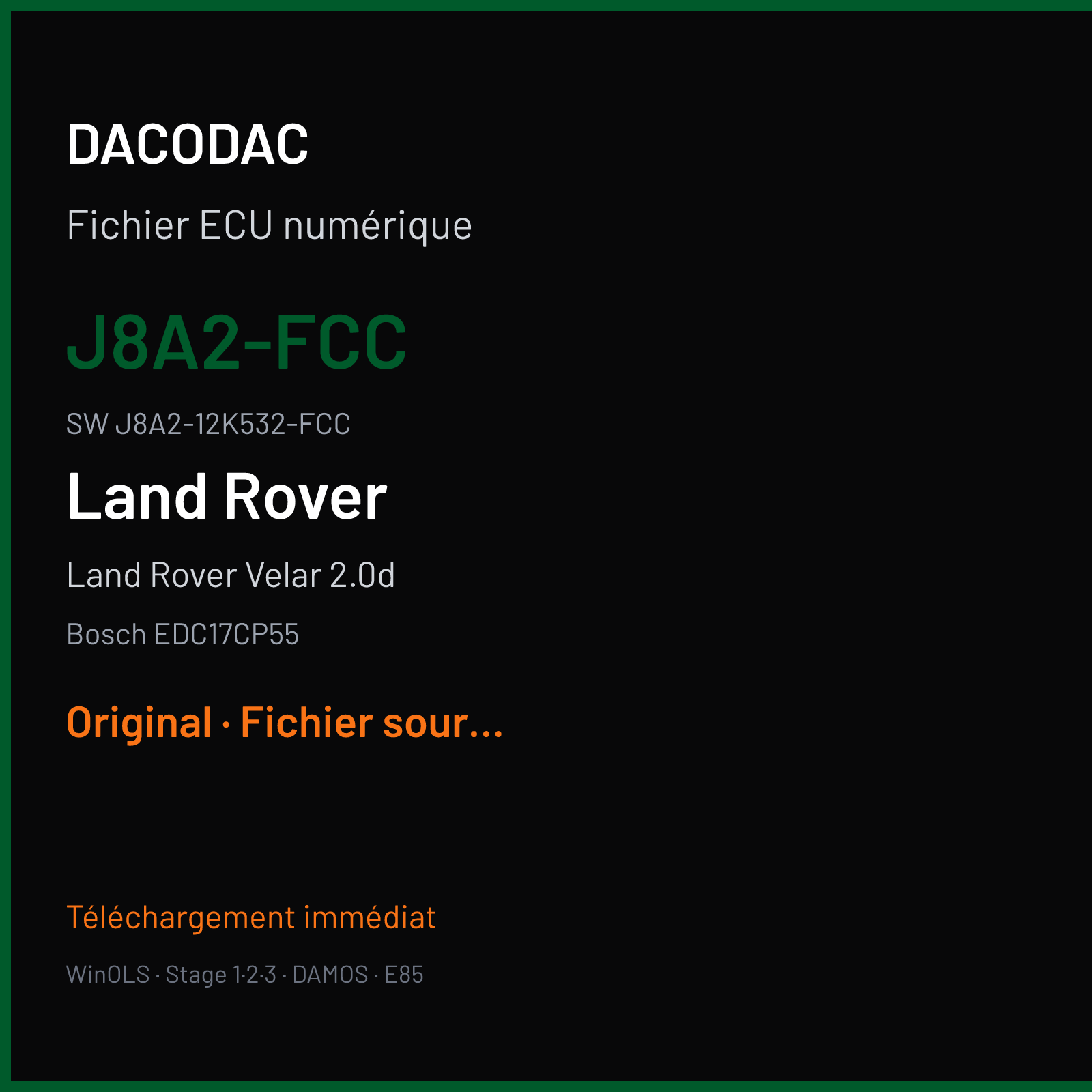 Land Rover Velar 2.0d 180 ch (2018) — Bosch EDC17CP55 — J8A2-FCC · J8A2-12K532-FCC · 022806 — Original