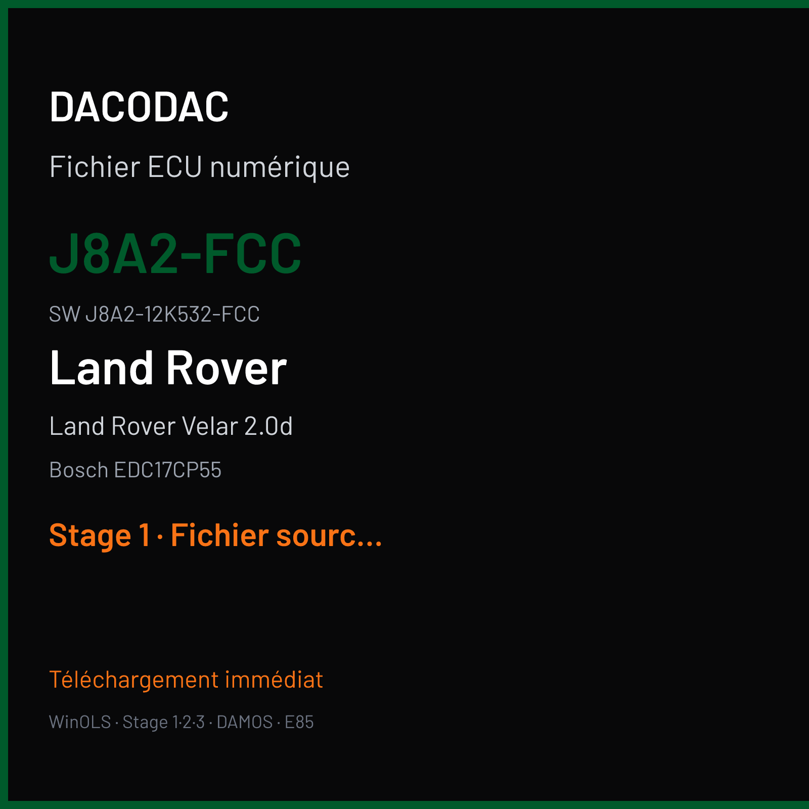 Land Rover Velar 2.0d 180 ch (2018) — Bosch EDC17CP55 — J8A2-FCC · J8A2-12K532-FCC · 022806 — Stage 1