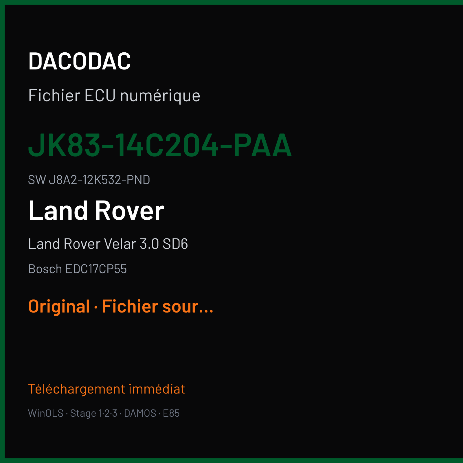 Land Rover Velar 3.0 SD6 300 ch (2018) — Bosch EDC17CP55 — JK83-14C204-PAA · J8A2-12K532-PND · 020954 — Original