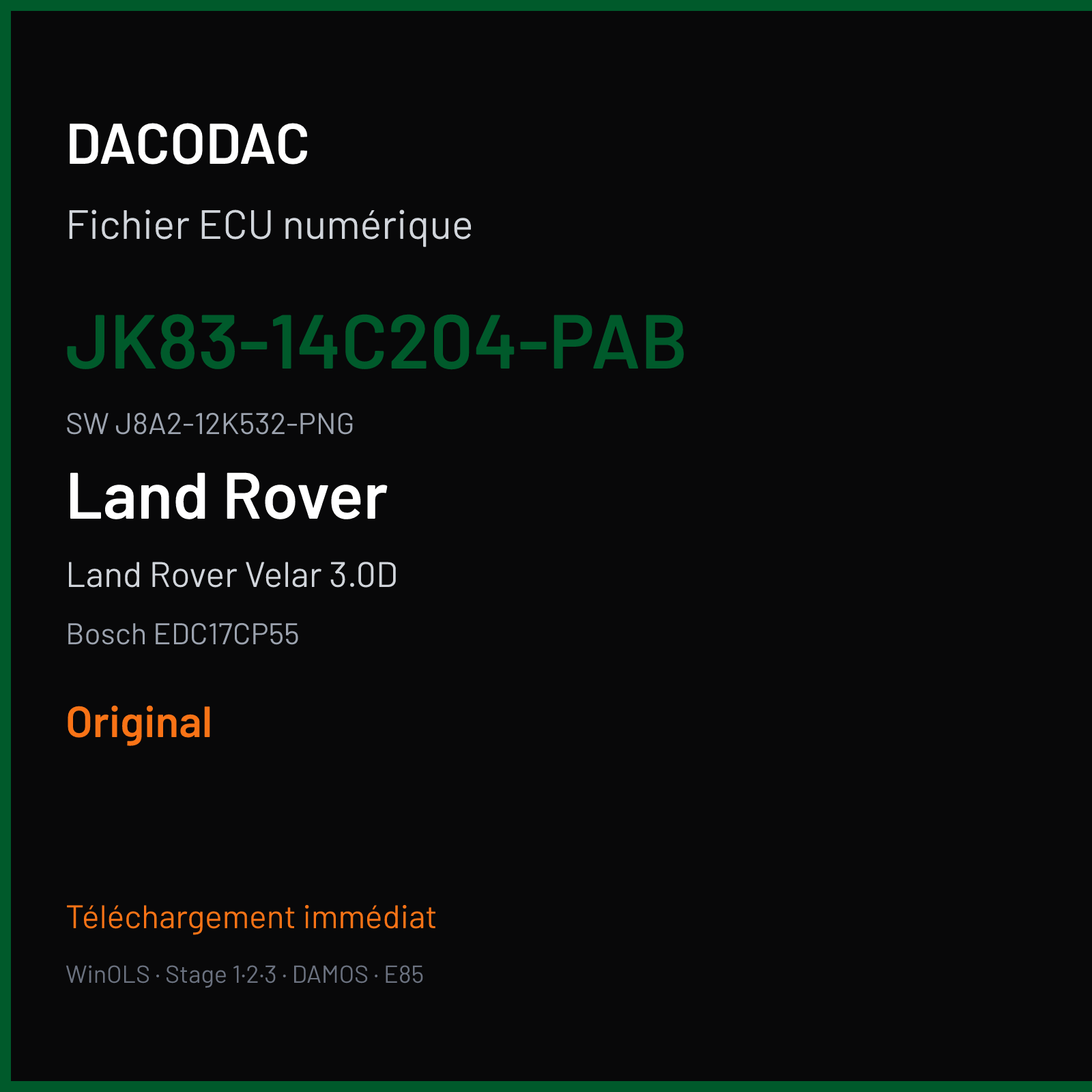 Land Rover Velar 3.0D 300 ch (2019) — Bosch EDC17CP55 — JK83-14C204-PAB · J8A2-12K532-PNG · 074640 — Original