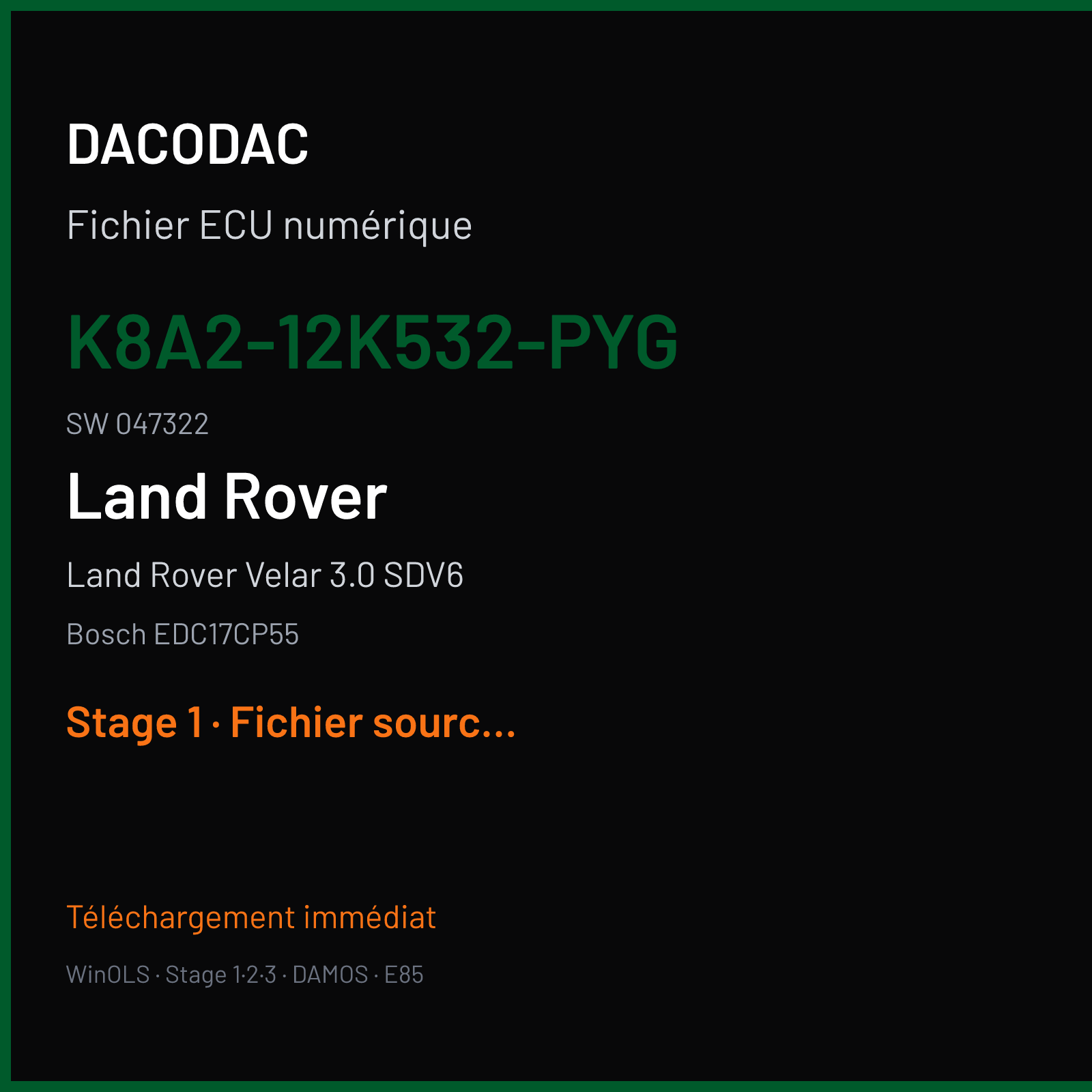 Land Rover Velar 3.0 SDV6 279 ch (2019) — Bosch EDC17CP55 — K8A2-12K532-PYG · 047322 — Stage 1