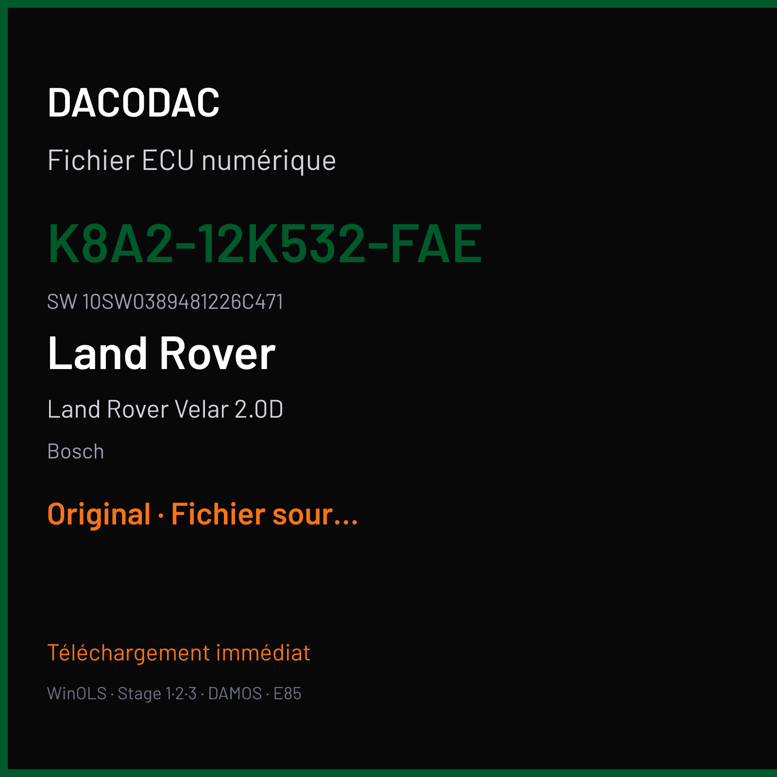 Land Rover Velar 2.0D 240 ch (2020) — Bosch — K8A2-12K532-FAE · 10SW0389481226C471 · 038948 MEDC17 9 — Original