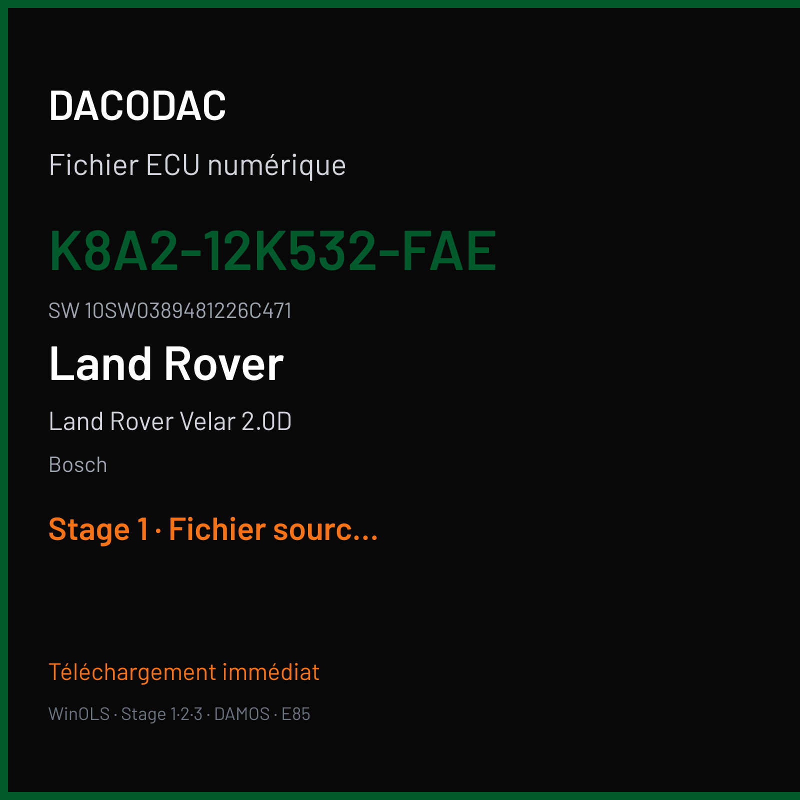 Land Rover Velar 2.0D 240 ch (2020) — Bosch — K8A2-12K532-FAE · 10SW0389481226C471 · 038948 MEDC17 9 — Stage 1