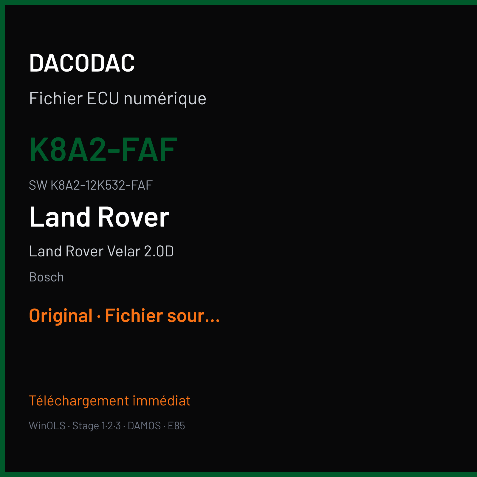 Land Rover Velar 2.0D 240 ch (2019) — Bosch — K8A2-FAF · K8A2-12K532-FAF · 046480 MEDC17 9 — Original