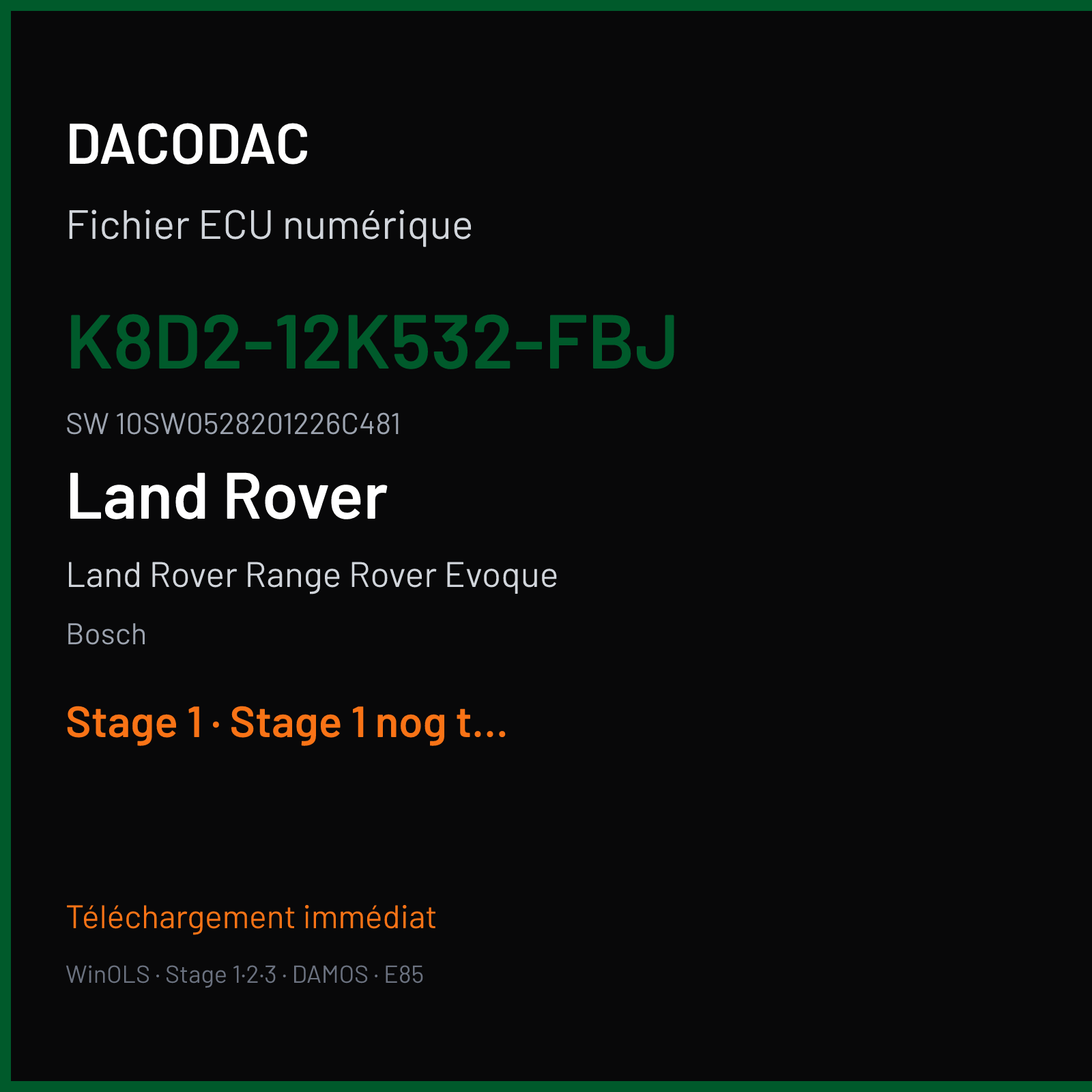 Land Rover Range Rover Evoque 180 ch (2020) — Bosch — K8D2-12K532-FBJ · 10SW0528201226C481 · 052820 MEDC17 9 — Stage 1
