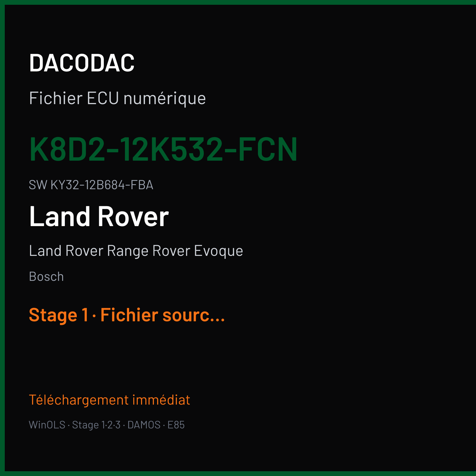 Land Rover Range Rover Evoque 150 ch (2018) — Bosch — K8D2-12K532-FCN · KY32-12B684-FBA · 063206 MEDC17 9 — Stage 1