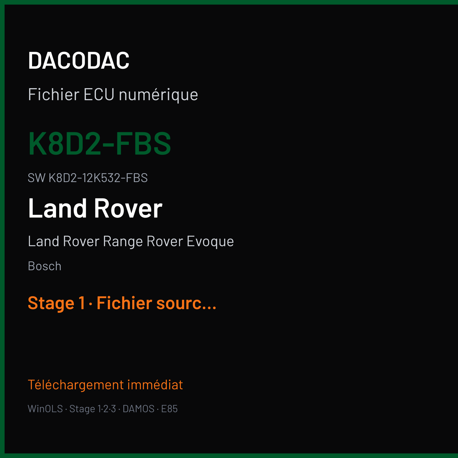 Land Rover Range Rover Evoque 150 ch (2019) — Bosch — K8D2-FBS · K8D2-12K532-FBS · 071307 MEDC17 9 — Stage 1