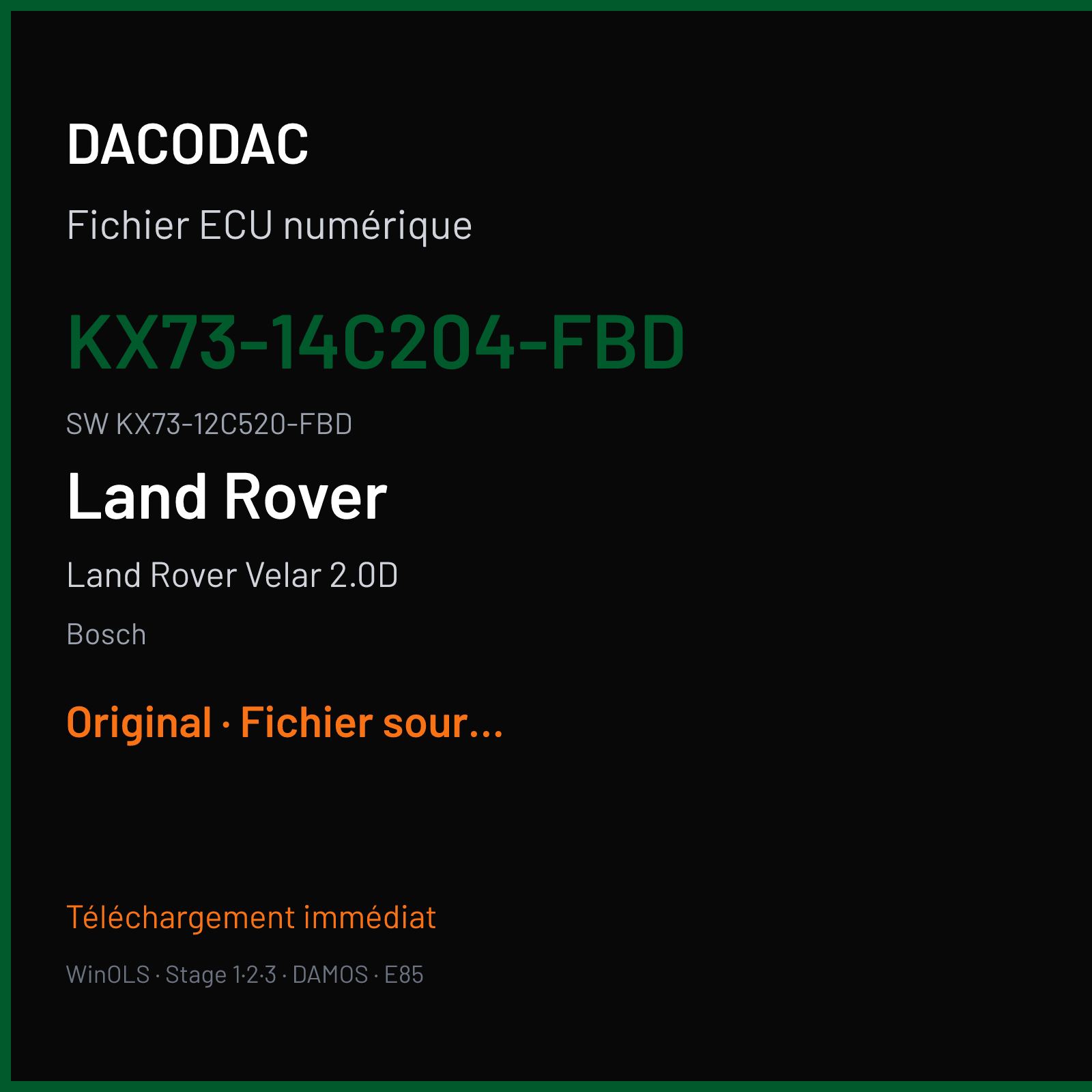 Land Rover Velar 2.0D 180 ch (2019) — Bosch — KX73-14C204-FBD · KX73-12C520-FBD · 038723 MEDC17 9 — Original