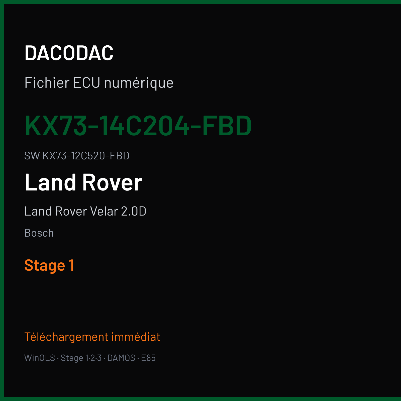 Land Rover Velar 2.0D 180 ch (2019) — Bosch — KX73-14C204-FBD · KX73-12C520-FBD · 038723 MEDC17.9 — Stage 1