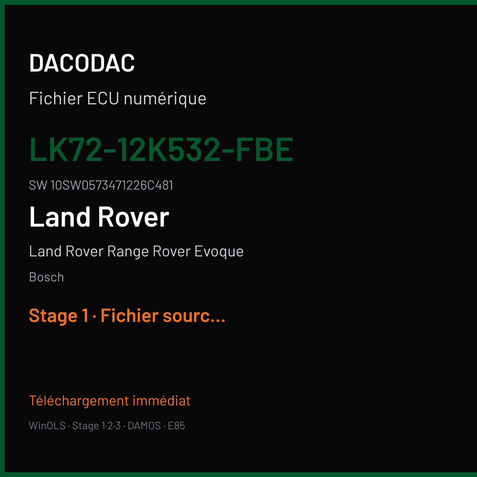 Land Rover Range Rover Evoque 240 ch (2018) — Bosch — LK72-12K532-FBE · 10SW0573471226C481 · 057347 MEDC17 9 — Stage 1
