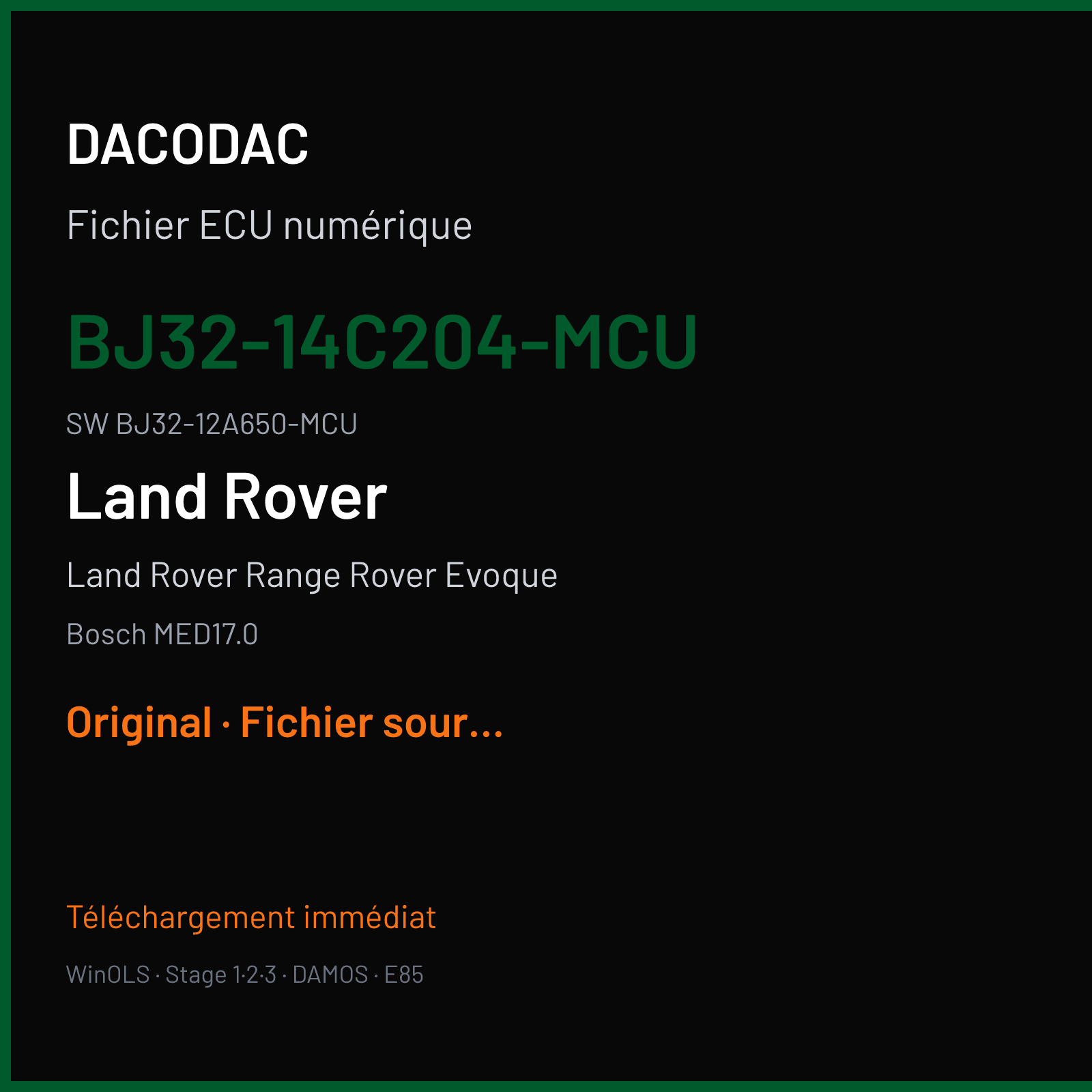Land Rover Range Rover Evoque 250 ch (2019) — Bosch MED17.0 — BJ32-14C204-MCU · BJ32-12A650-MCU · 000105 — Original