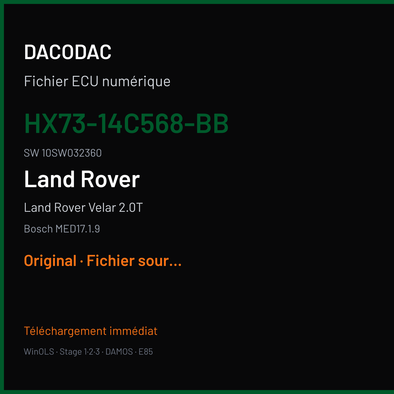 Land Rover Velar 2.0T 250 ch (2019) — Bosch MED17.1.9 — HX73-14C568-BB · 10SW032360 · 032360 — Original