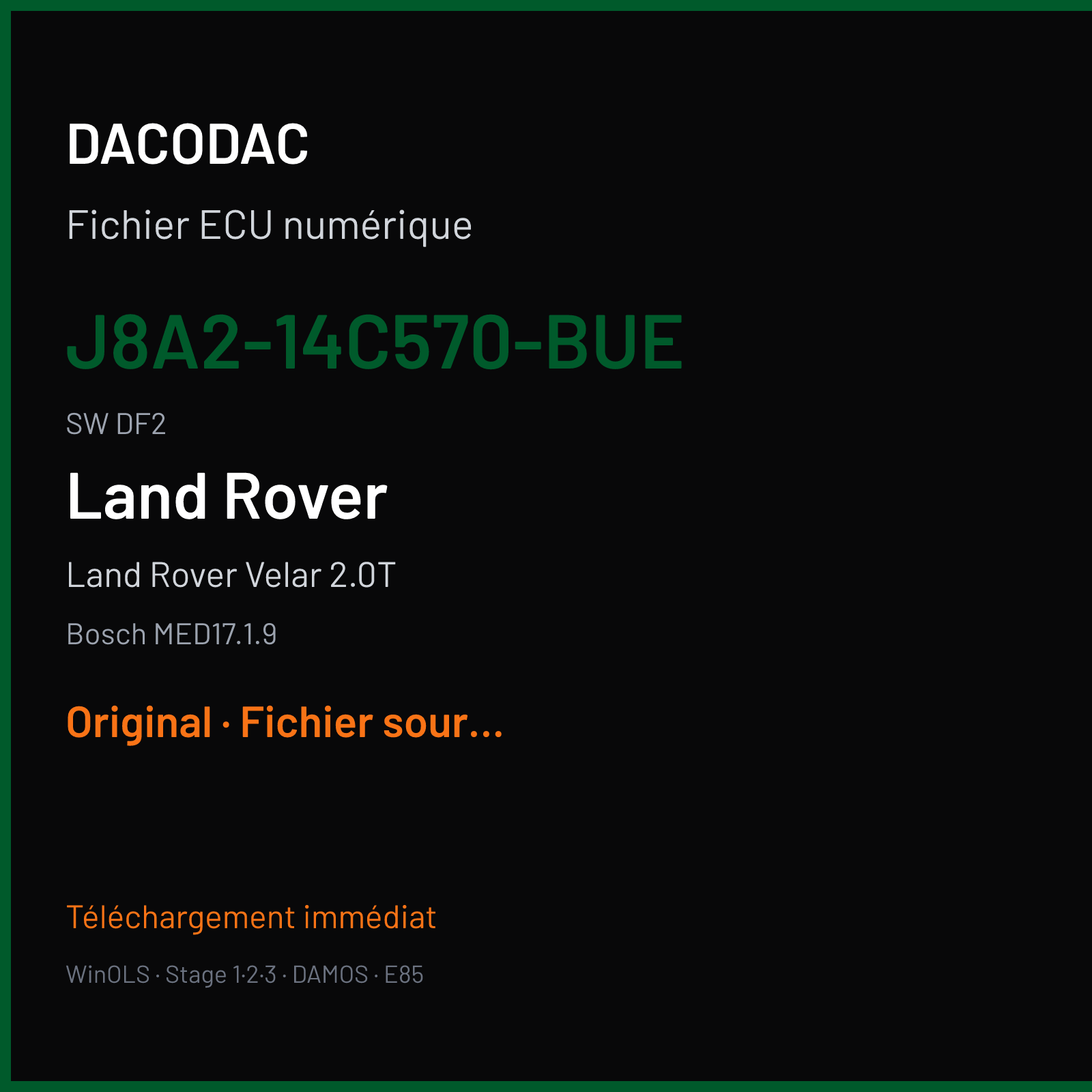 Land Rover Velar 2.0T 300 ch (2019) — Bosch MED17.1.9 — J8A2-14C570-BUE · DF2 · HX73-14C568-BB 030260 — Original