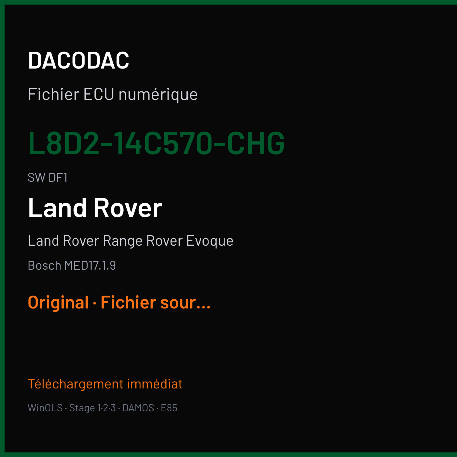 Land Rover Range Rover Evoque 250 ch (2019) — Bosch MED17.1.9 — L8D2-14C570-CHG · DF1 · HX73-14C568-BC 066064 — Original
