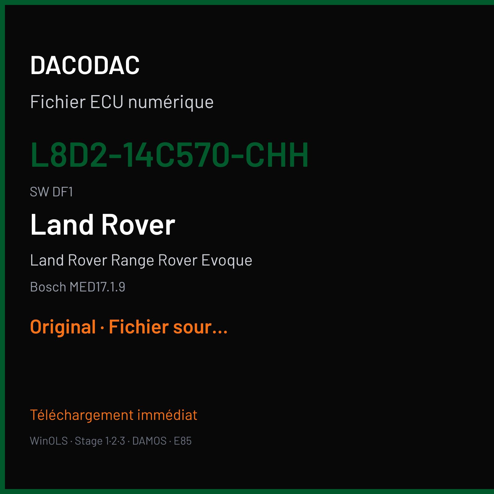 Land Rover Range Rover Evoque 250 ch (2019) — Bosch MED17.1.9 — L8D2-14C570-CHH · DF1 · HX73-14C568-BC 079541 — Original