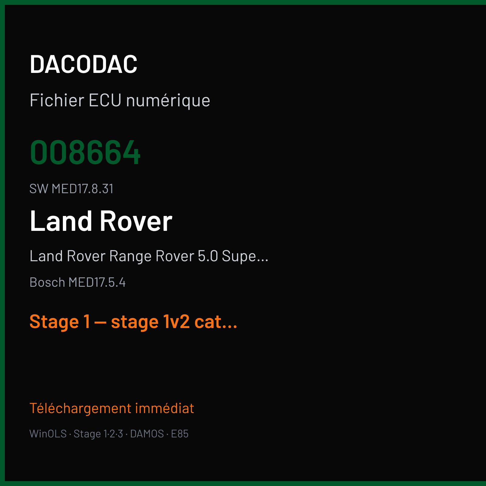 Land Rover Range Rover 5.0 Supercharged (2014) — Bosch MED17.5.4 — 008664 · MED17.8.31 — Stage 1 — stage 1v2 catalyst off