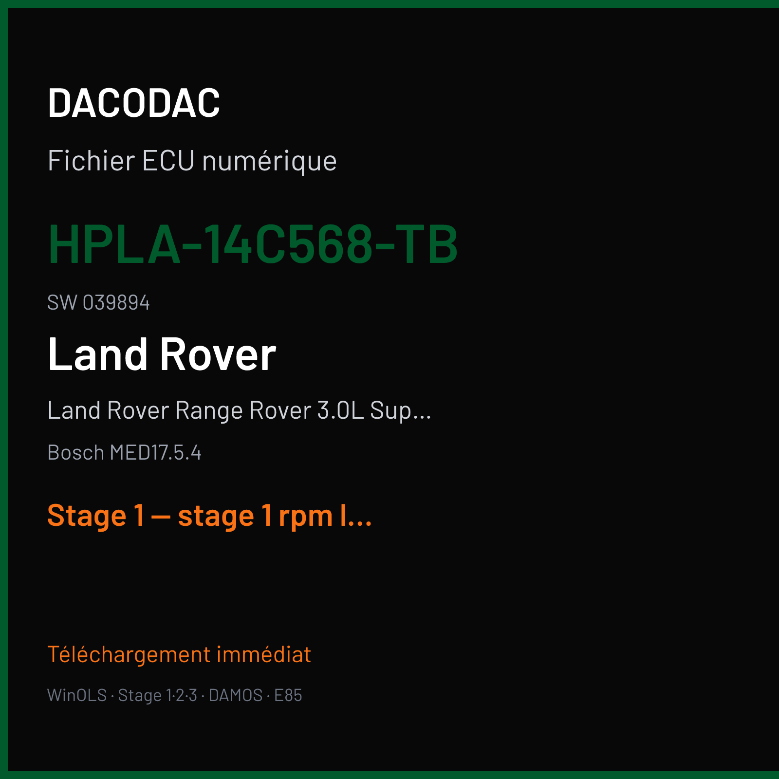 Land Rover Range Rover 3.0L Supercharged (2019) — Bosch MED17.5.4 — HPLA-14C568-TB · 039894 — Stage 1 — stage 1 rpm limit mod vmax off