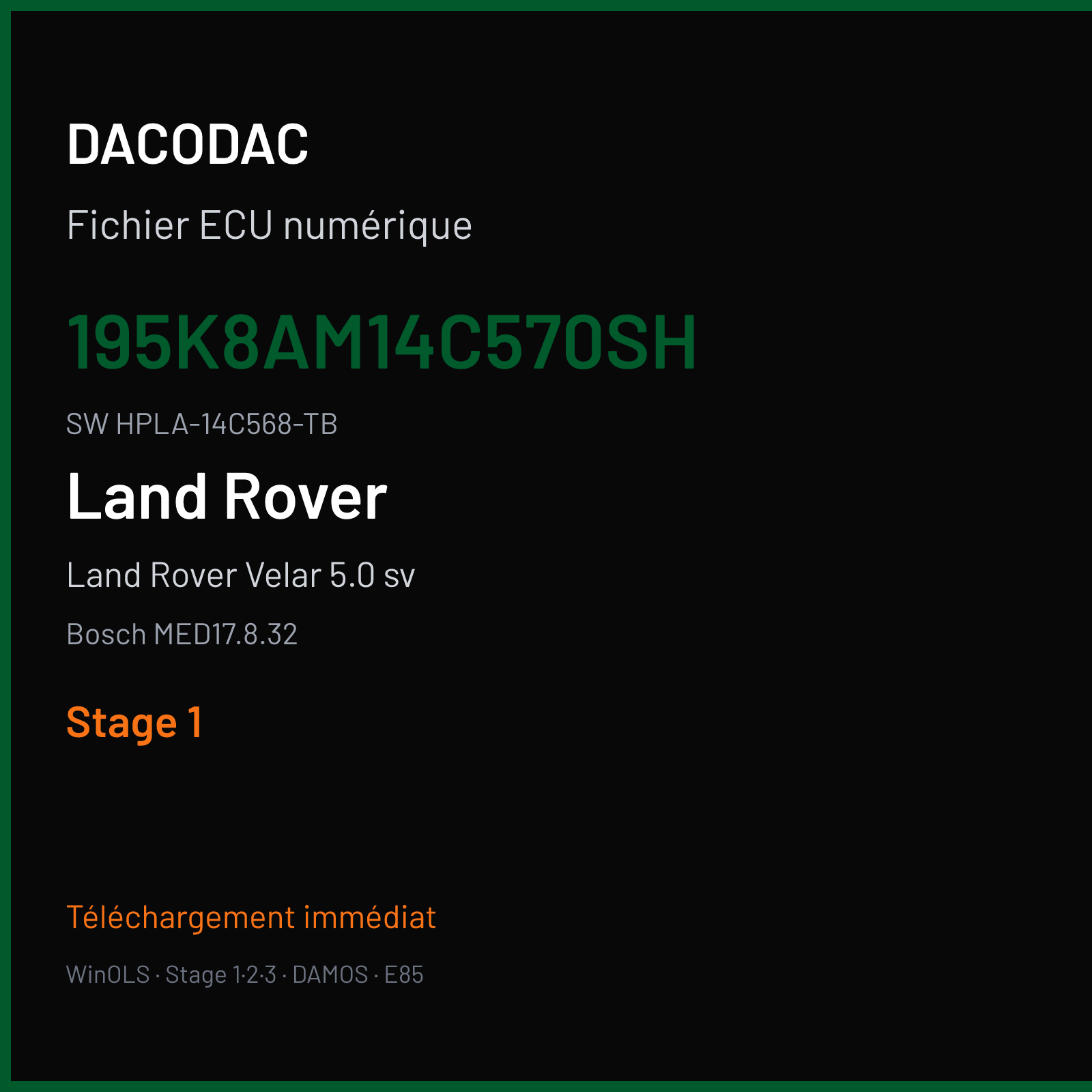 Land Rover Velar 5.0 sv 550 ch (2017) — Bosch MED17.8.32 — 195K8AM14C570SH · HPLA-14C568-TB · 049782 — Stage 1