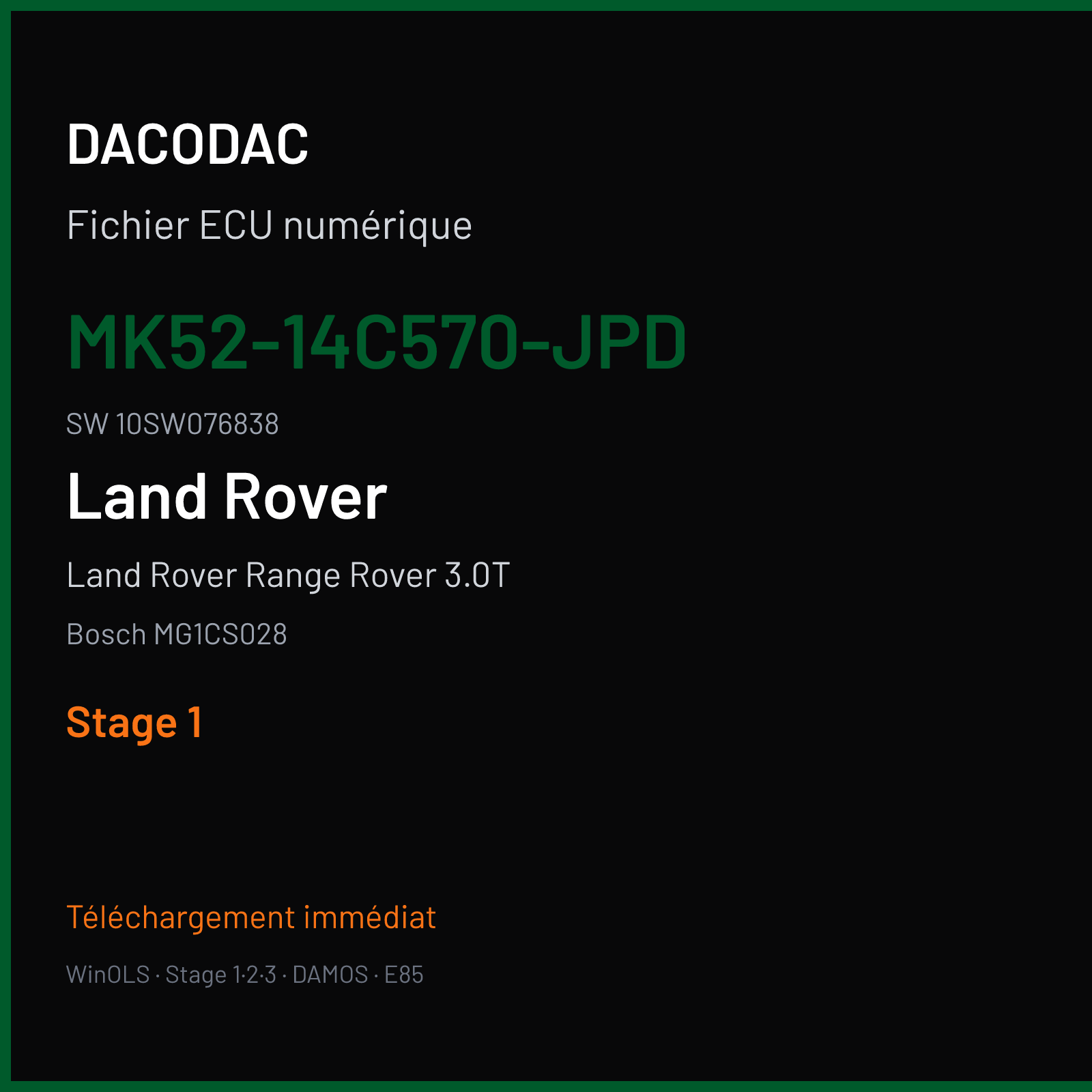 Land Rover Range Rover 3.0T 360 ch (2021) — Bosch MG1CS028 — MK52-14C570-JPD · 10SW076838 · 076838 — Stage 1