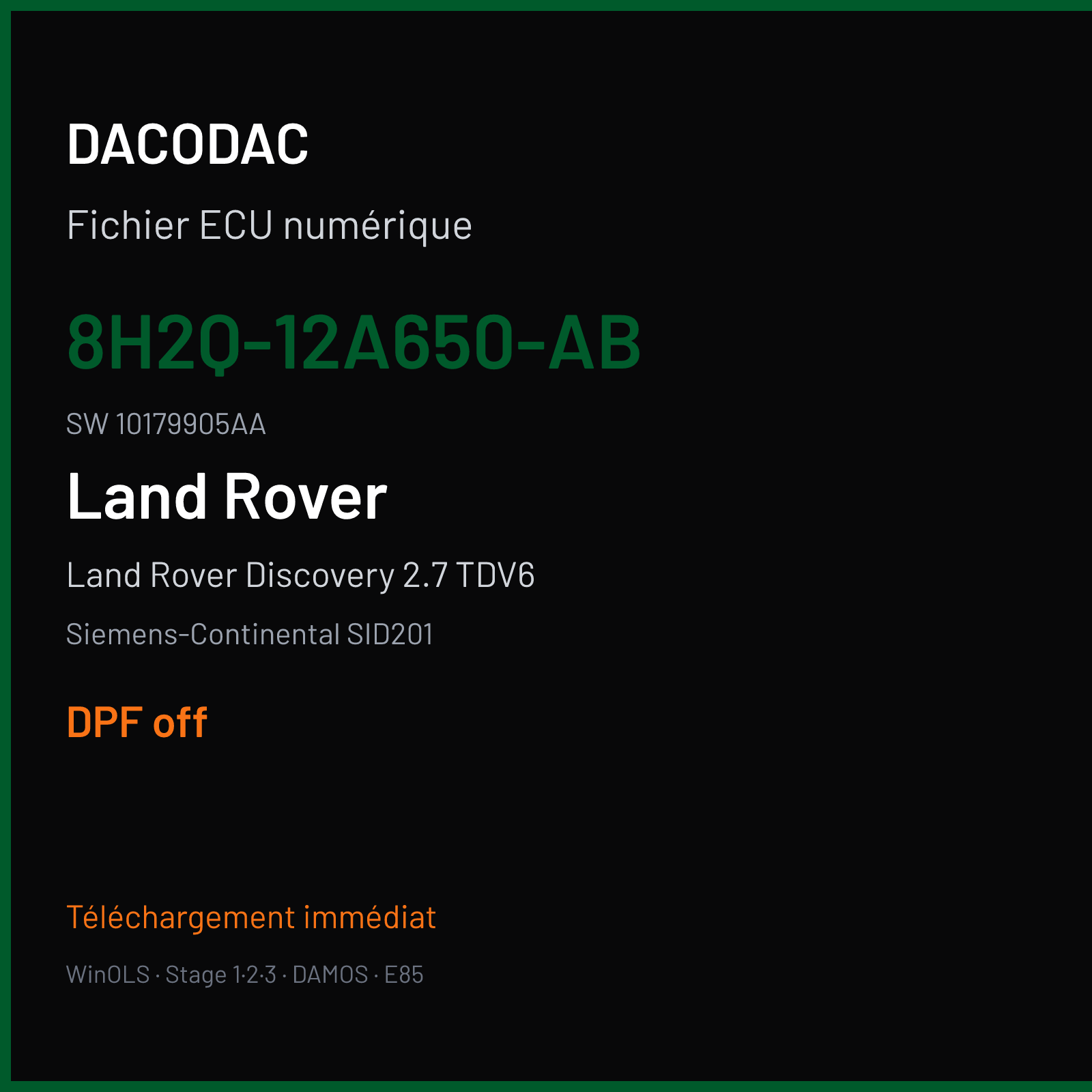 Land Rover Discovery 2.7 TDV6 190 ch (2009) — Siemens-Continental SID201 — 8H2Q-12A650-AB · 10179905AA · LP140K1000000 — DPF off
