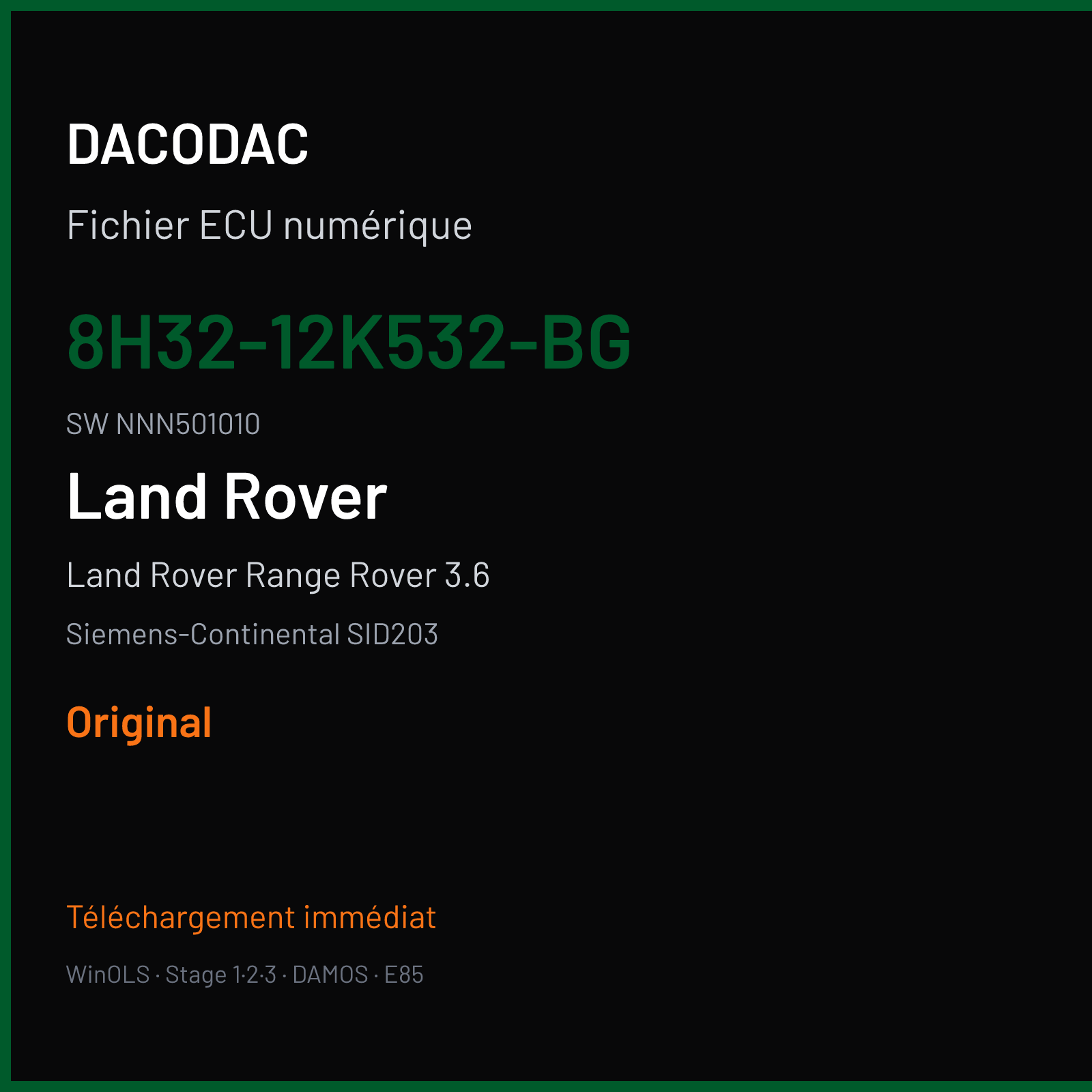 Land Rover Range Rover 3.6 272 ch (2007) — Siemens-Continental SID203 — 8H32-12K532-BG · NNN501010 · LP2C1I1000000 — Original