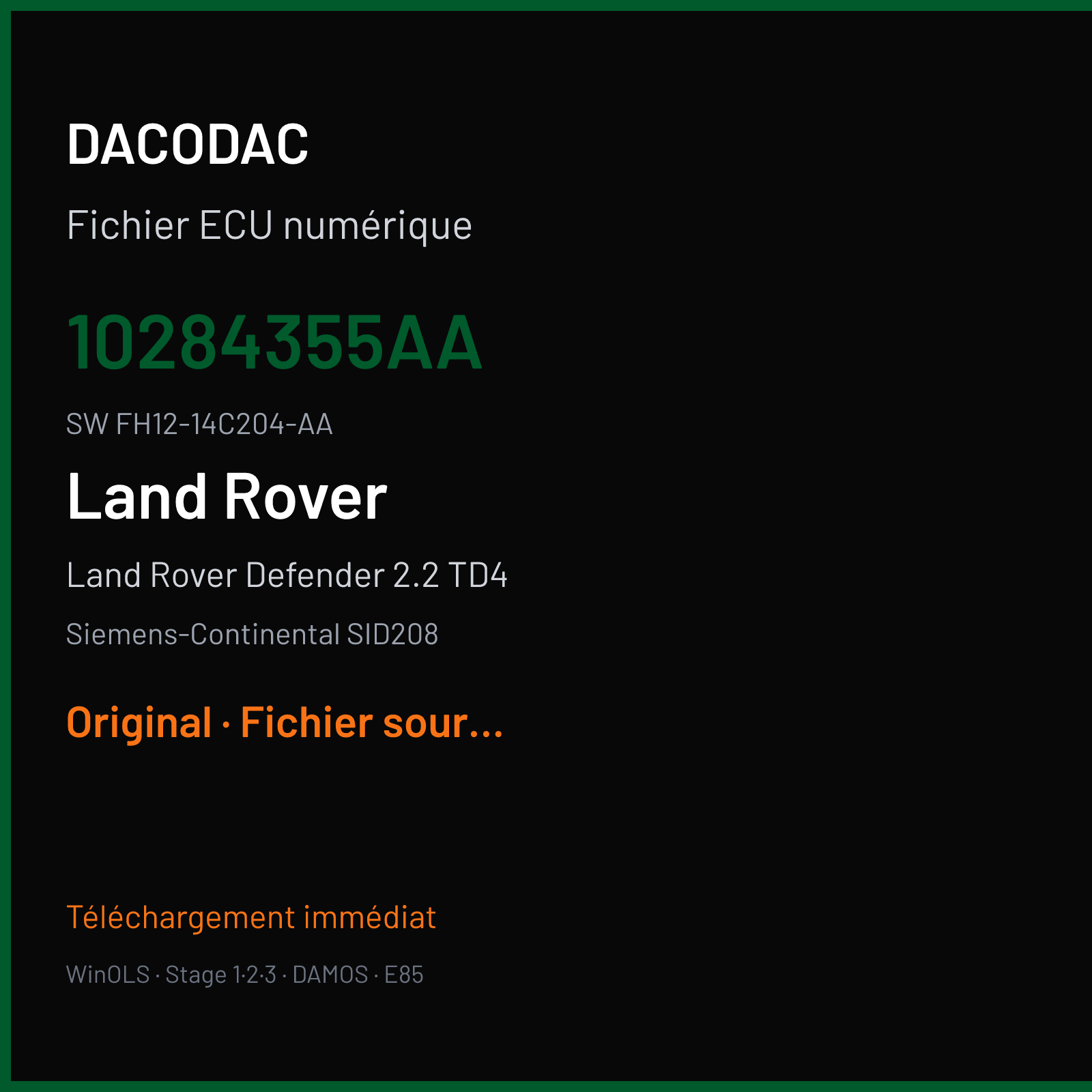 Land Rover Defender 2.2 TD4 122 ch (2014) — Siemens-Continental SID208 — 10284355AA · FH12-14C204-AA · FH12-12A650-EAA FRQ61AA000000 — Original